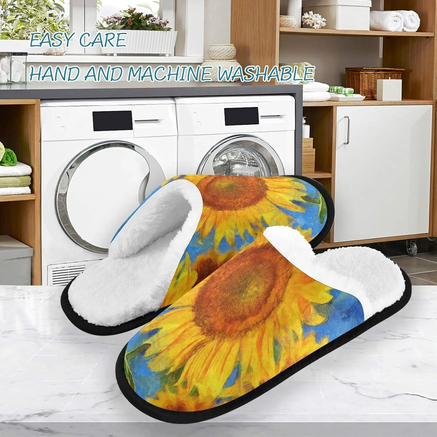 visesunny Women's Cozy Fuzzy Plush Fleece Slippers Oil Painting Sunflower Soft Memory Foam Ladies House Shoes Warm Bedroom Flat Shoe Anti-Slip Indoor Outdoor