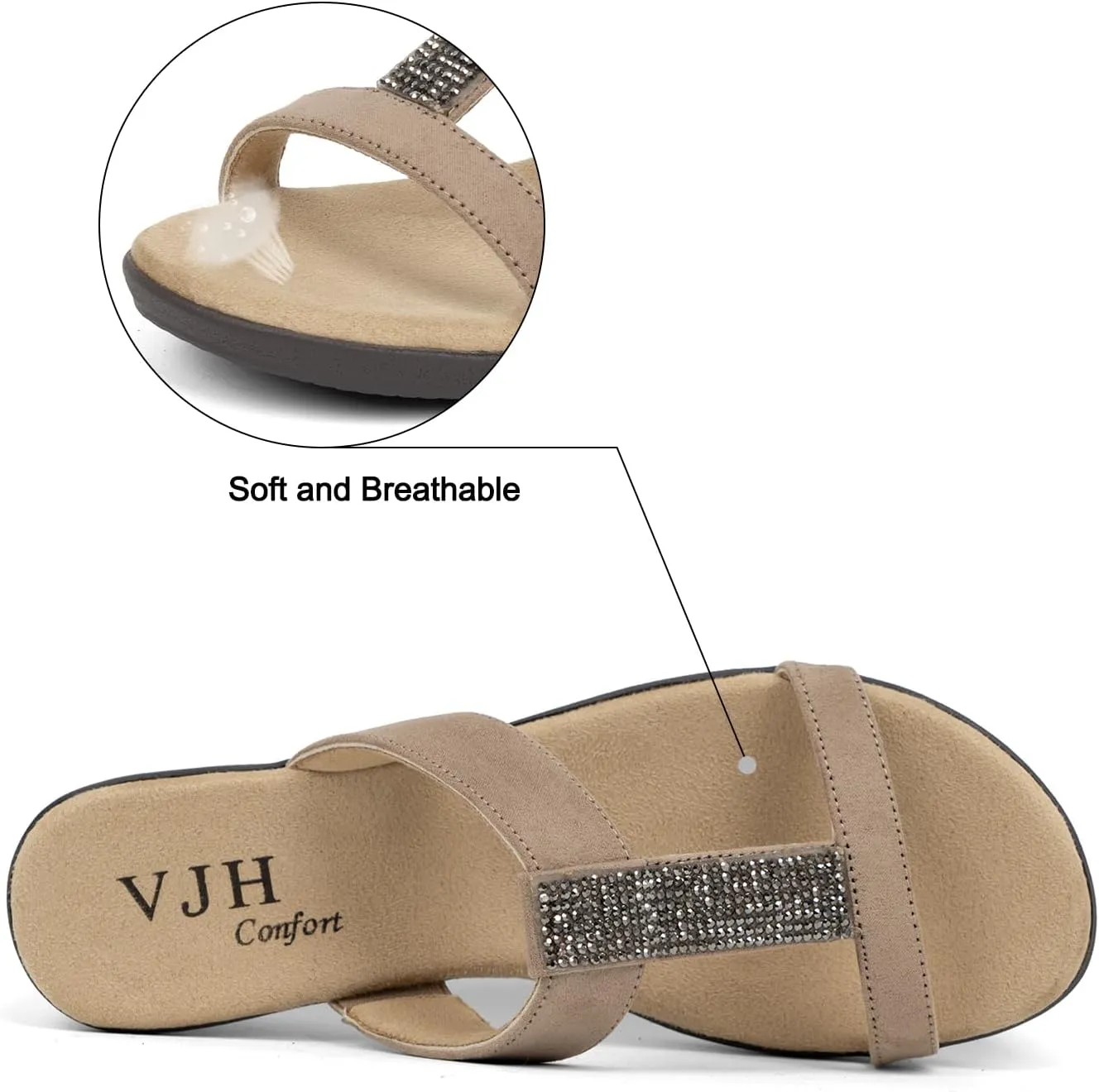 VJH confort Women’s Slides, Comfortable Open toe Rhinestone H-band Dressy Flat Sandals