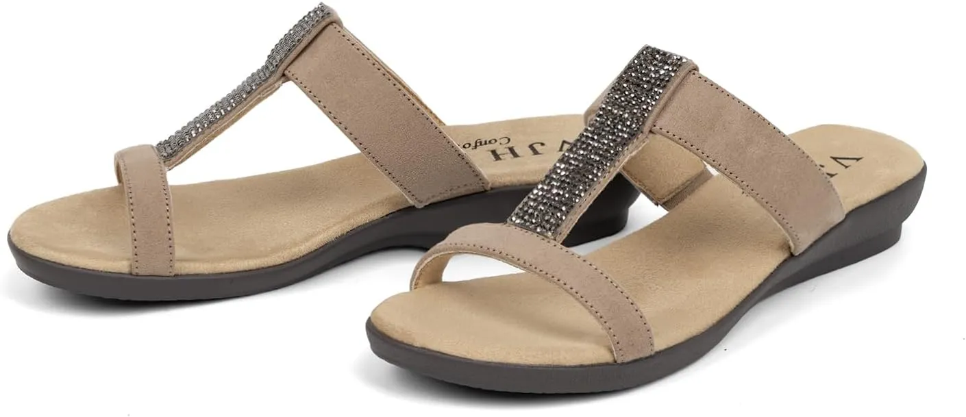 VJH confort Women’s Slides, Comfortable Open toe Rhinestone H-band Dressy Flat Sandals