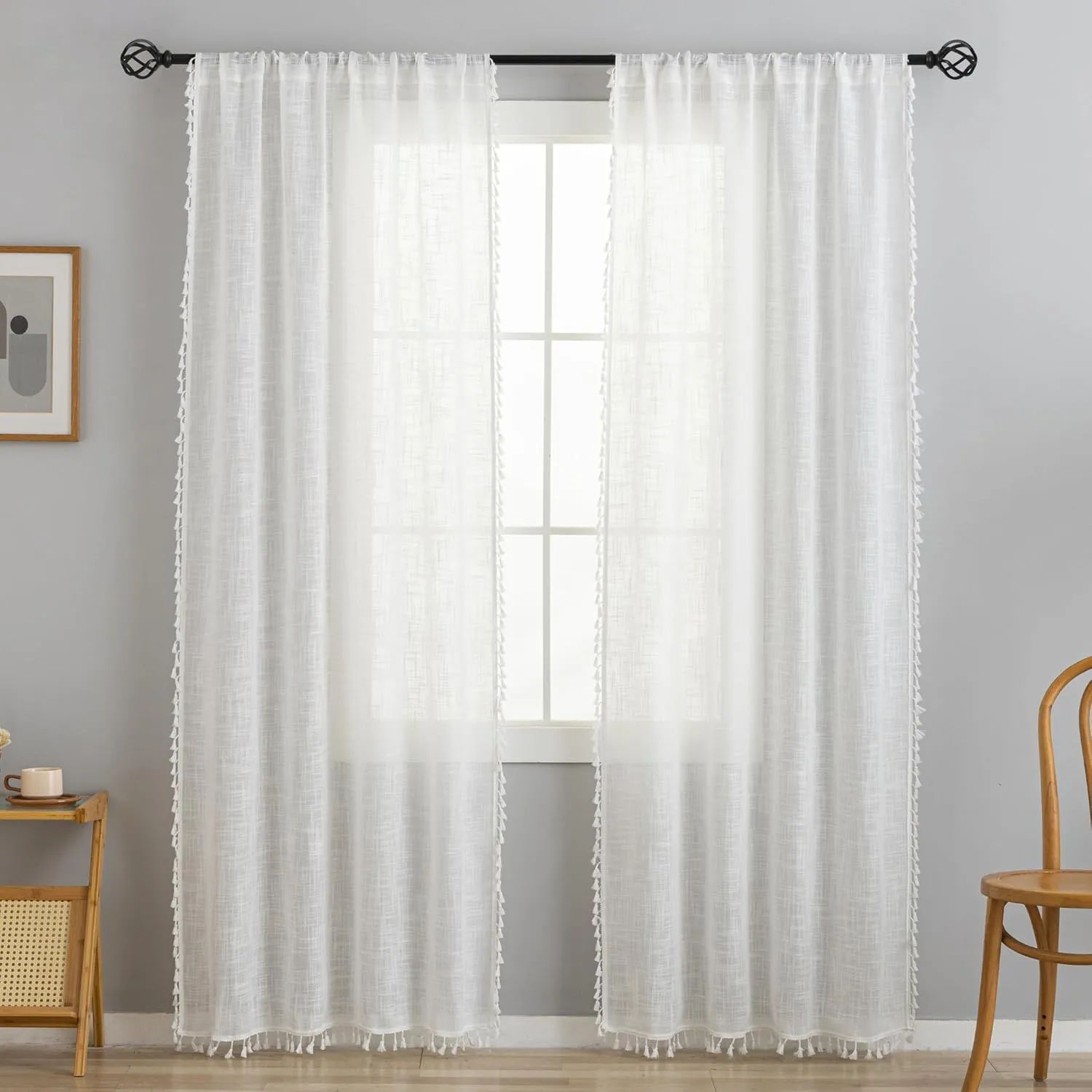 VOILYBIRD Linen Texture Boho Curtains 63 Inches Long for Bedroom Farmhouse Curtains & Drapes Country Style, 40" W x 63" L, Off White, 2 Panels