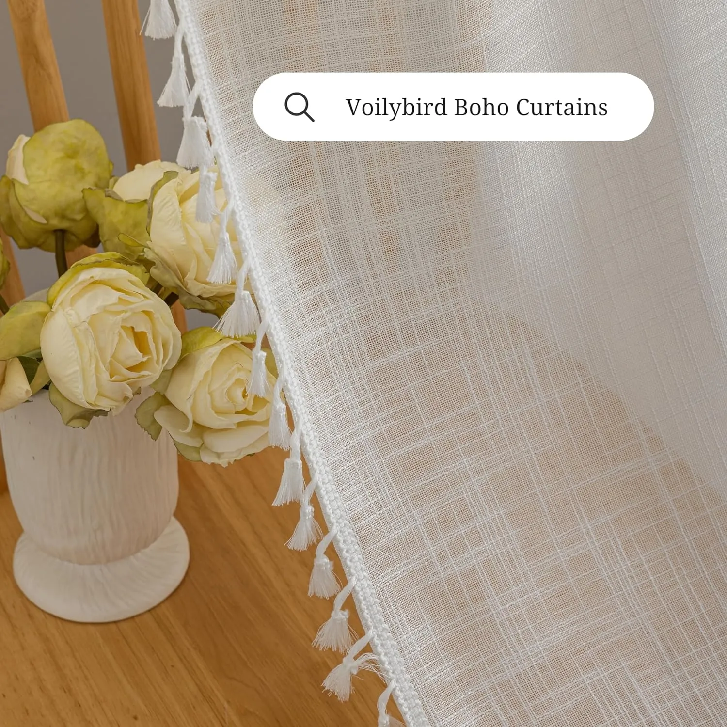 VOILYBIRD Linen Texture Boho Curtains 63 Inches Long for Bedroom Farmhouse Curtains & Drapes Country Style, 40" W x 63" L, Off White, 2 Panels