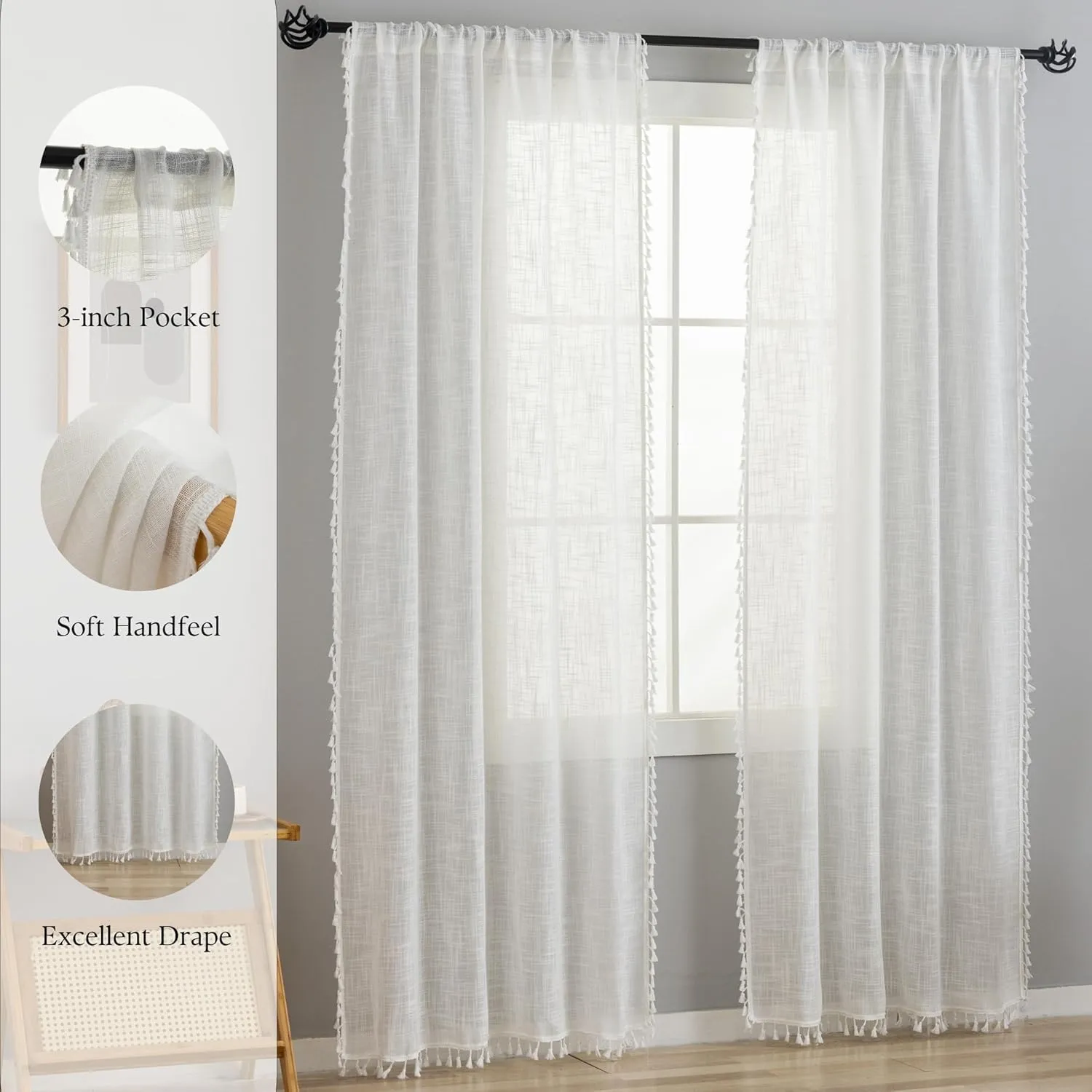 VOILYBIRD Linen Texture Boho Curtains 63 Inches Long for Bedroom Farmhouse Curtains & Drapes Country Style, 40" W x 63" L, Off White, 2 Panels