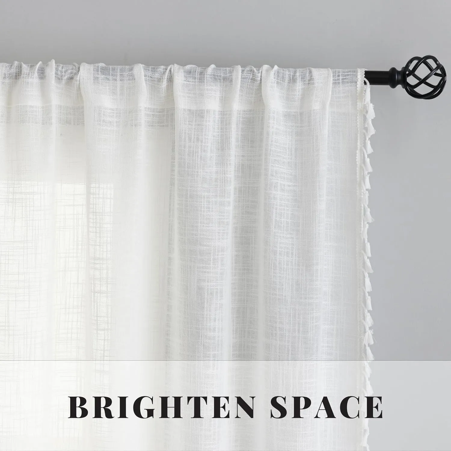 VOILYBIRD Linen Texture Boho Curtains 63 Inches Long for Bedroom Farmhouse Curtains & Drapes Country Style, 40" W x 63" L, Off White, 2 Panels