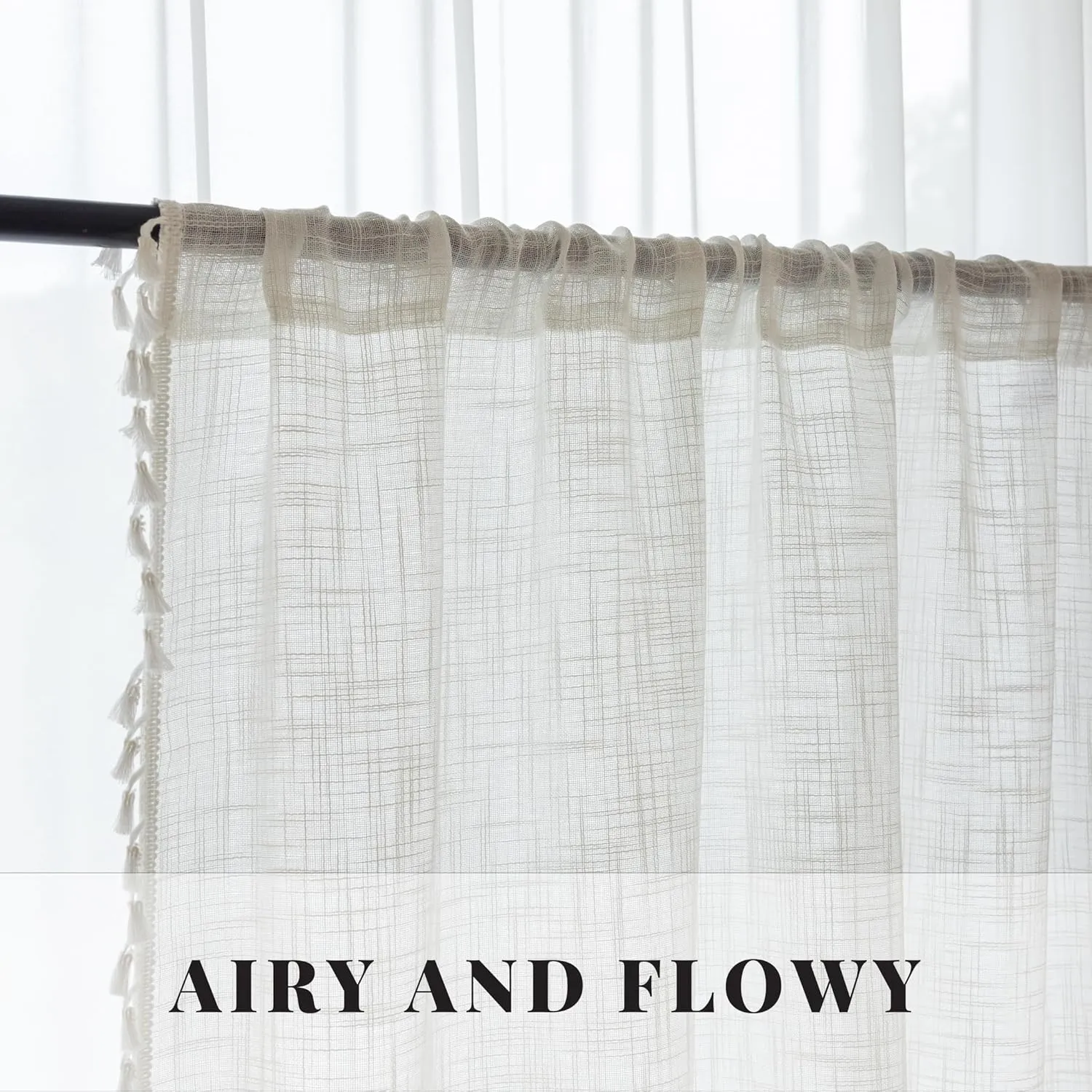 VOILYBIRD Linen Texture Boho Curtains 63 Inches Long for Bedroom Farmhouse Curtains & Drapes Country Style, 40" W x 63" L, Off White, 2 Panels