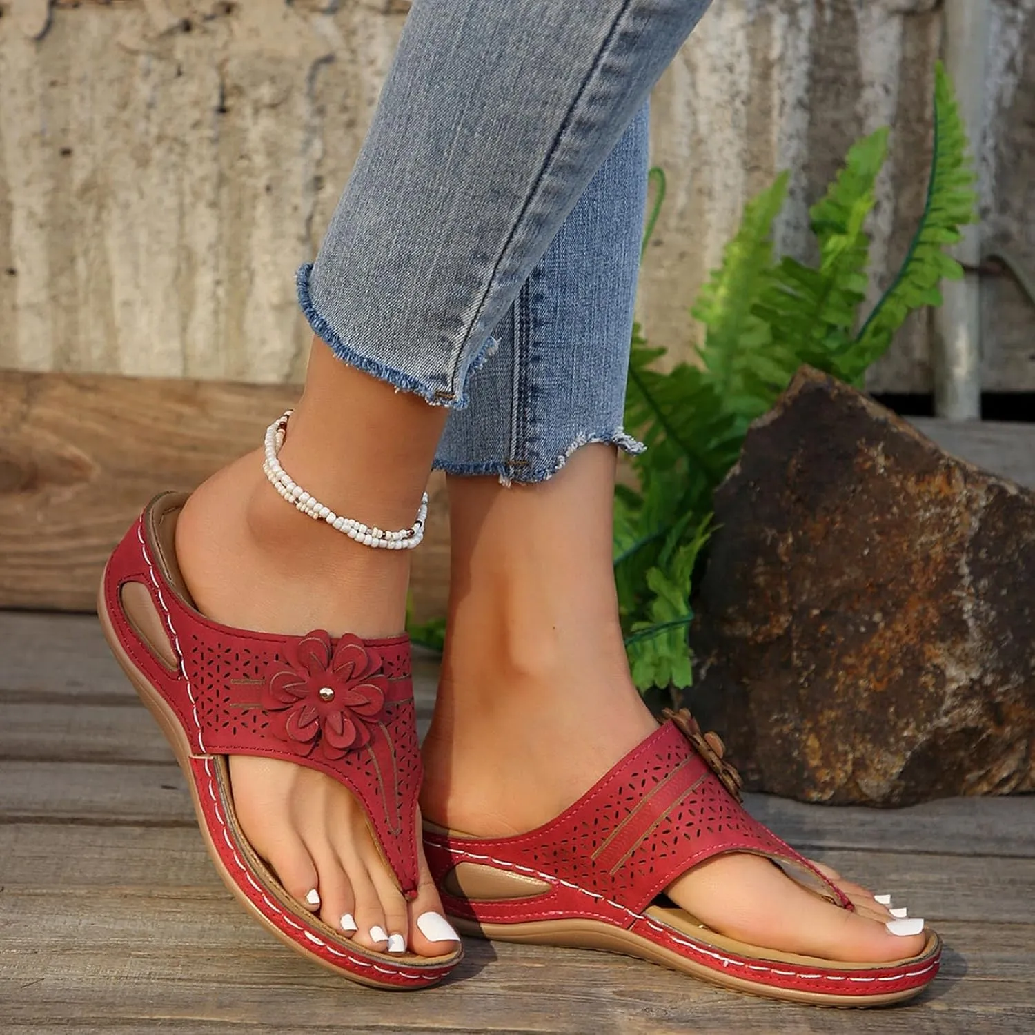 Wedge Flip Flops for Women Summer Comfortable Orthopedic Slide Slip On Sandals Yoga Mat Soft Cushion Sandals Hollow Out Breathable Beach Walking Thong Slippers Fashion Flower Flip Flops Shoes