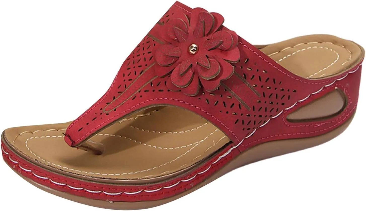 Wedge Flip Flops for Women Summer Comfortable Orthopedic Slide Slip On Sandals Yoga Mat Soft Cushion Sandals Hollow Out Breathable Beach Walking Thong Slippers Fashion Flower Flip Flops Shoes