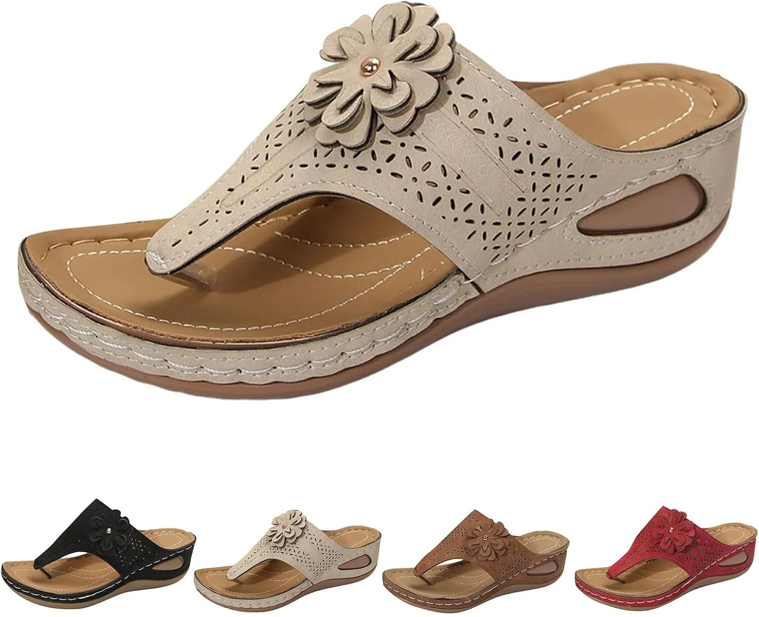 Wedge Flip Flops for Women Summer Comfortable Orthopedic Slide Slip On Sandals Yoga Mat Soft Cushion Sandals Hollow Out Breathable Beach Walking Thong Slippers Fashion Flower Flip Flops Shoes