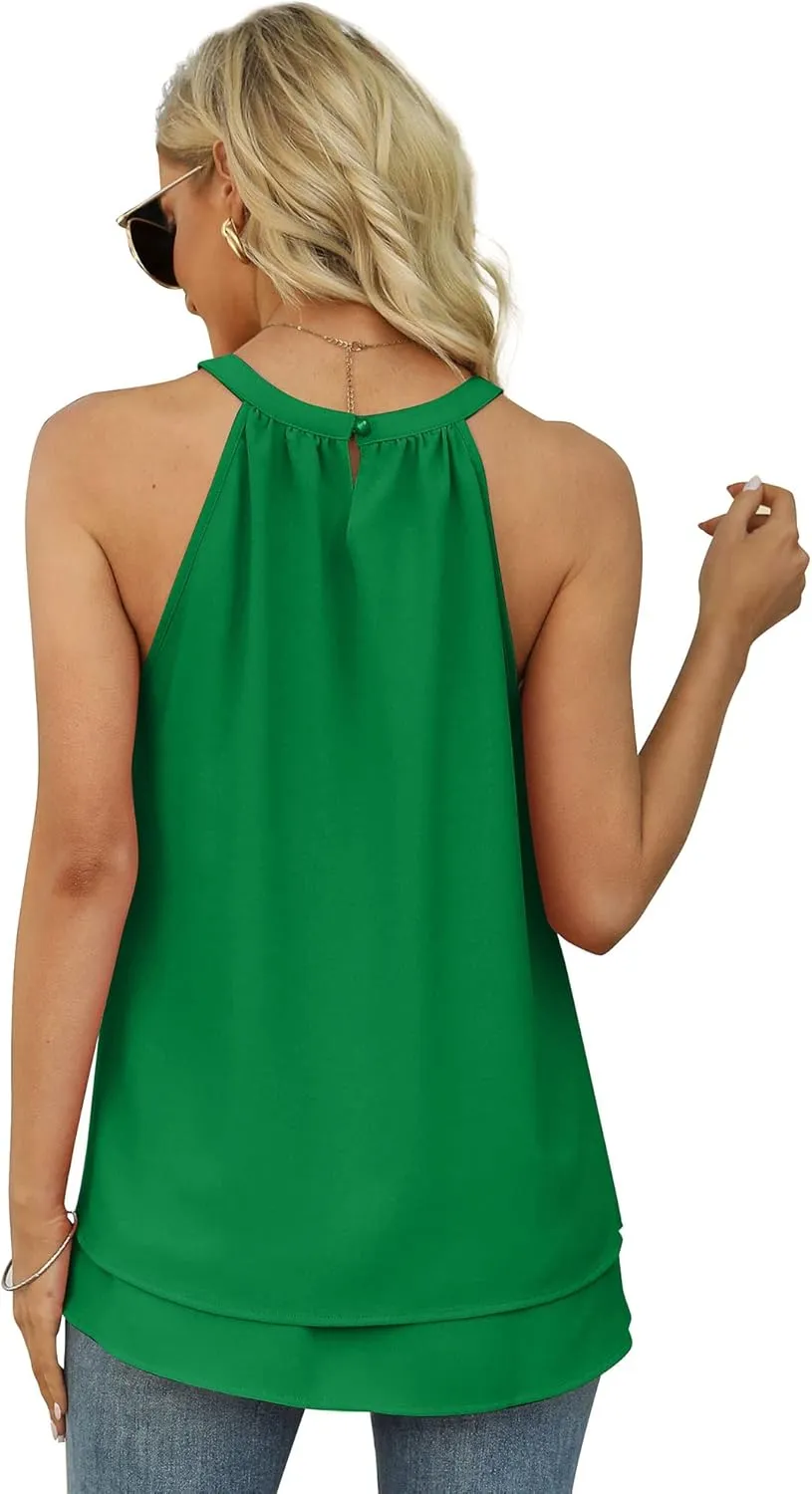 WEESO Womens Halter Tank Tops Summer High Neck Double Layers Sleeveless Tops