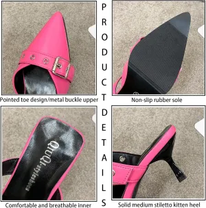 WENOREG Women's Pointed Toe Metal Buckle Kitten Heels Mule Sandals,Summer Adjustable Buckle Sexy Metal Mid Heeled Arch Support Comfortable Slip-On Leather Dress Party Wedding Shoes