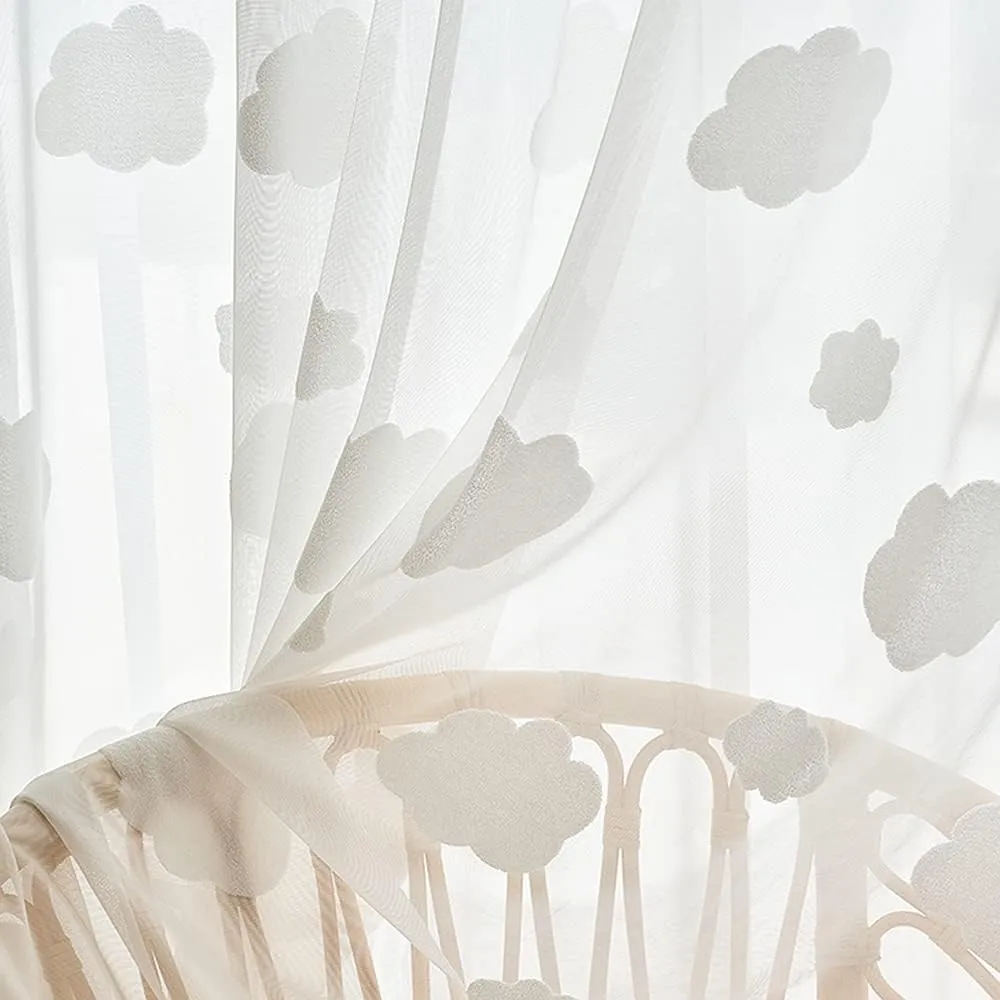 White 3D Cloud Sheer Curtains for Girls Bedroom Light Filtering Drape Cute Embossed Cloud Pom Pom Curtains Farmhouse Rod Pocket Elegant Embroidered Translucent Voile Window Treatment 1 Panel 39Wx84L