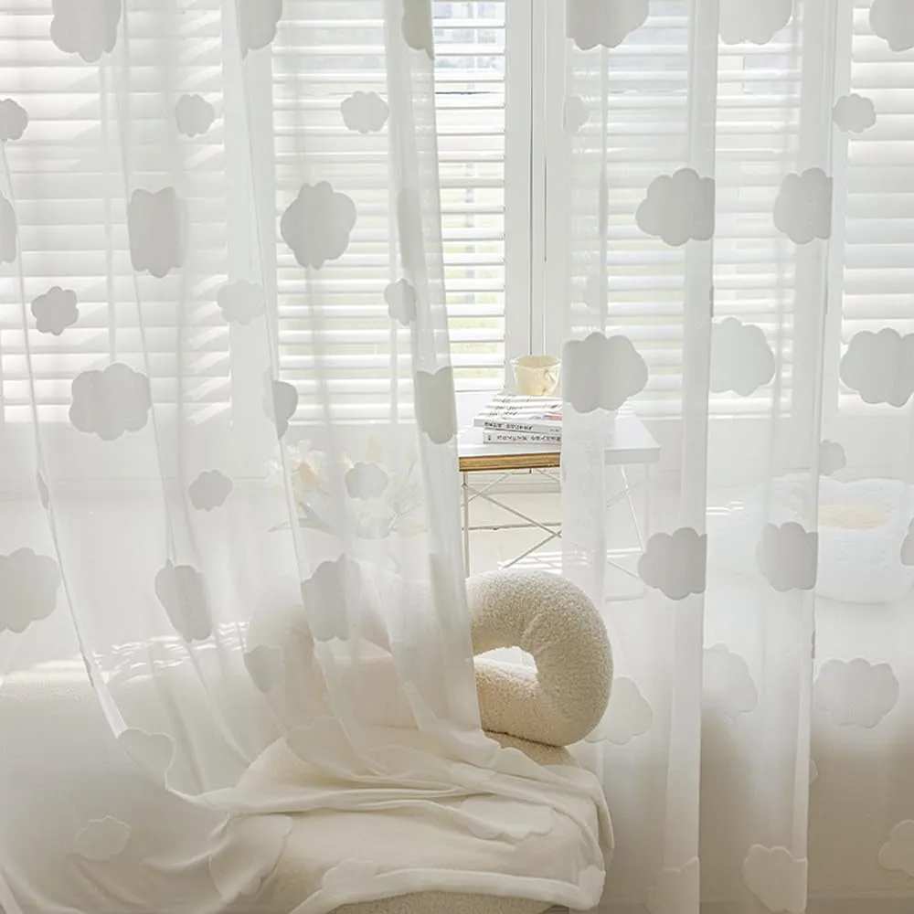 White 3D Cloud Sheer Curtains for Girls Bedroom Light Filtering Drape Cute Embossed Cloud Pom Pom Curtains Farmhouse Rod Pocket Elegant Embroidered Translucent Voile Window Treatment 1 Panel 39Wx84L