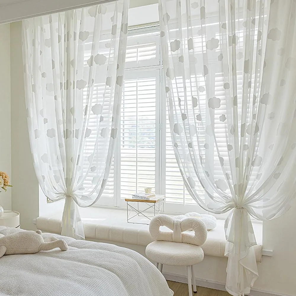 White 3D Cloud Sheer Curtains for Girls Bedroom Light Filtering Drape Cute Embossed Cloud Pom Pom Curtains Farmhouse Rod Pocket Elegant Embroidered Translucent Voile Window Treatment 1 Panel 39Wx84L