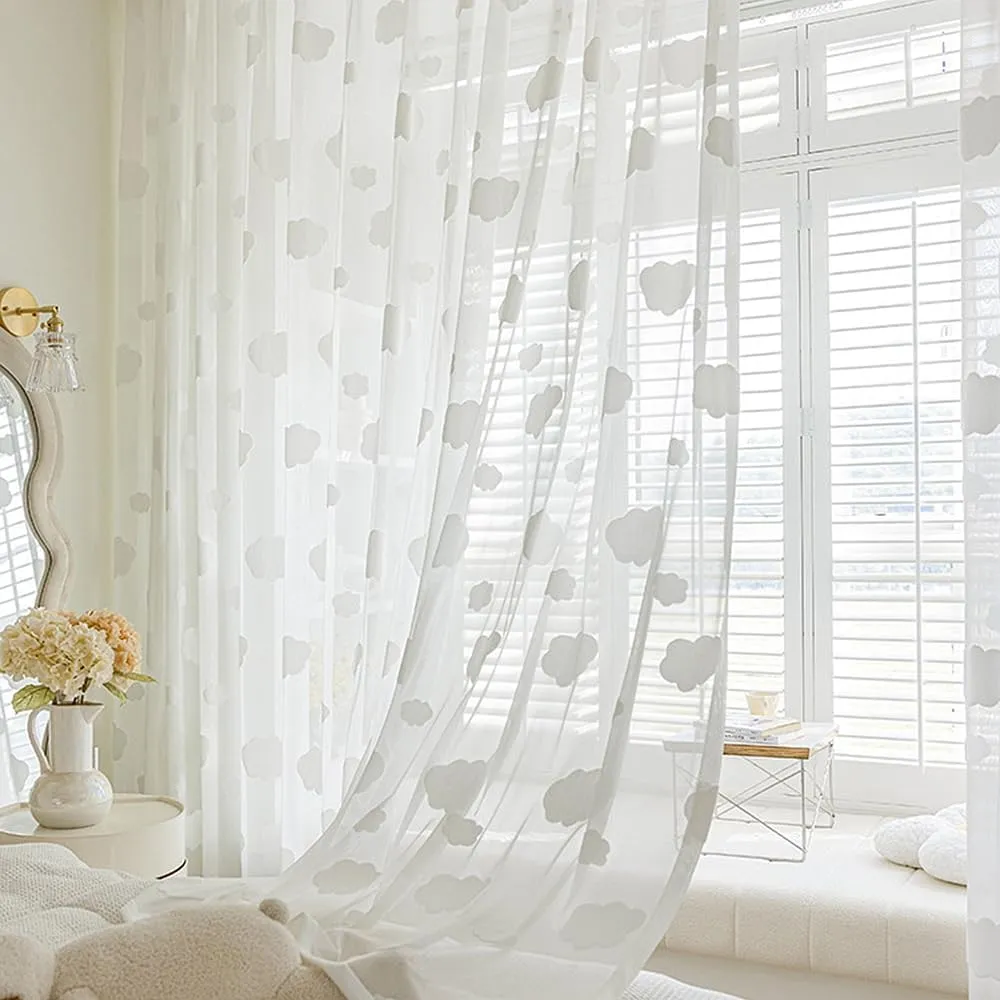 White 3D Cloud Sheer Curtains for Girls Bedroom Light Filtering Drape Cute Embossed Cloud Pom Pom Curtains Farmhouse Rod Pocket Elegant Embroidered Translucent Voile Window Treatment 1 Panel 39Wx84L
