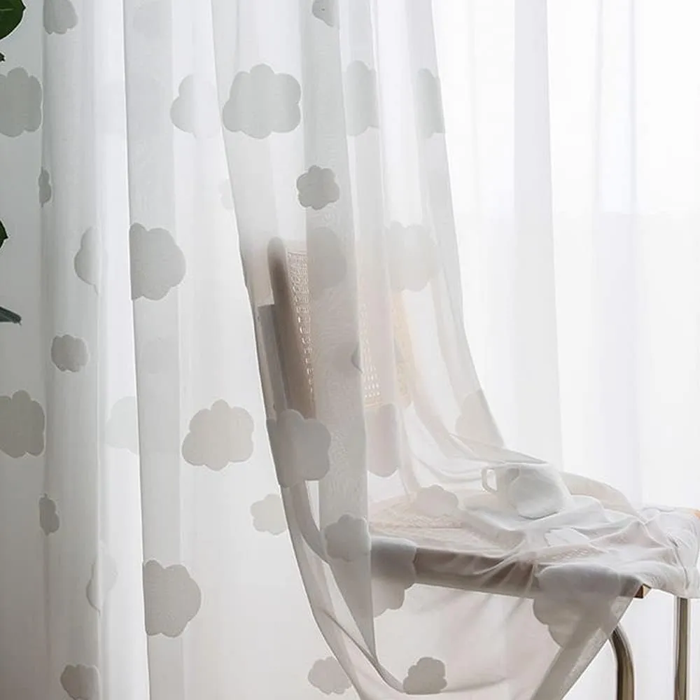 White 3D Cloud Sheer Curtains for Girls Bedroom Light Filtering Drape Cute Embossed Cloud Pom Pom Curtains Farmhouse Rod Pocket Elegant Embroidered Translucent Voile Window Treatment 1 Panel 39Wx84L