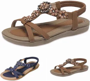 Wide Width Sandals For Women,Summer Beach Sandals For Women 2025 Comfortable Bohemian Crystal Dressy Summer Flat Casual Ankle Strap Elastic Slip on Beach Sandal