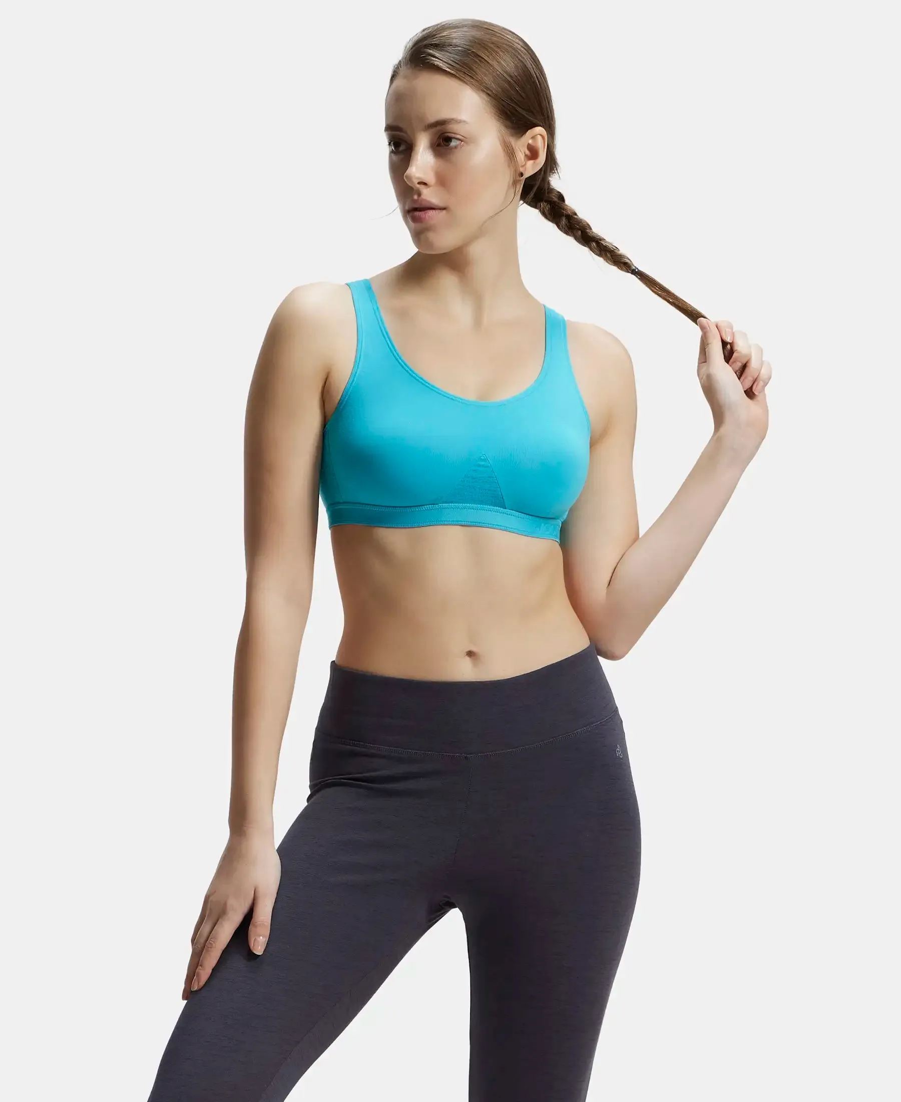 Wirefree Non Padded Super Combed Cotton Elastane Stretch Full Coverage Slip-On Active Bra with Wider Straps and Moisture Move Treatment - J Teal Assorted Prints