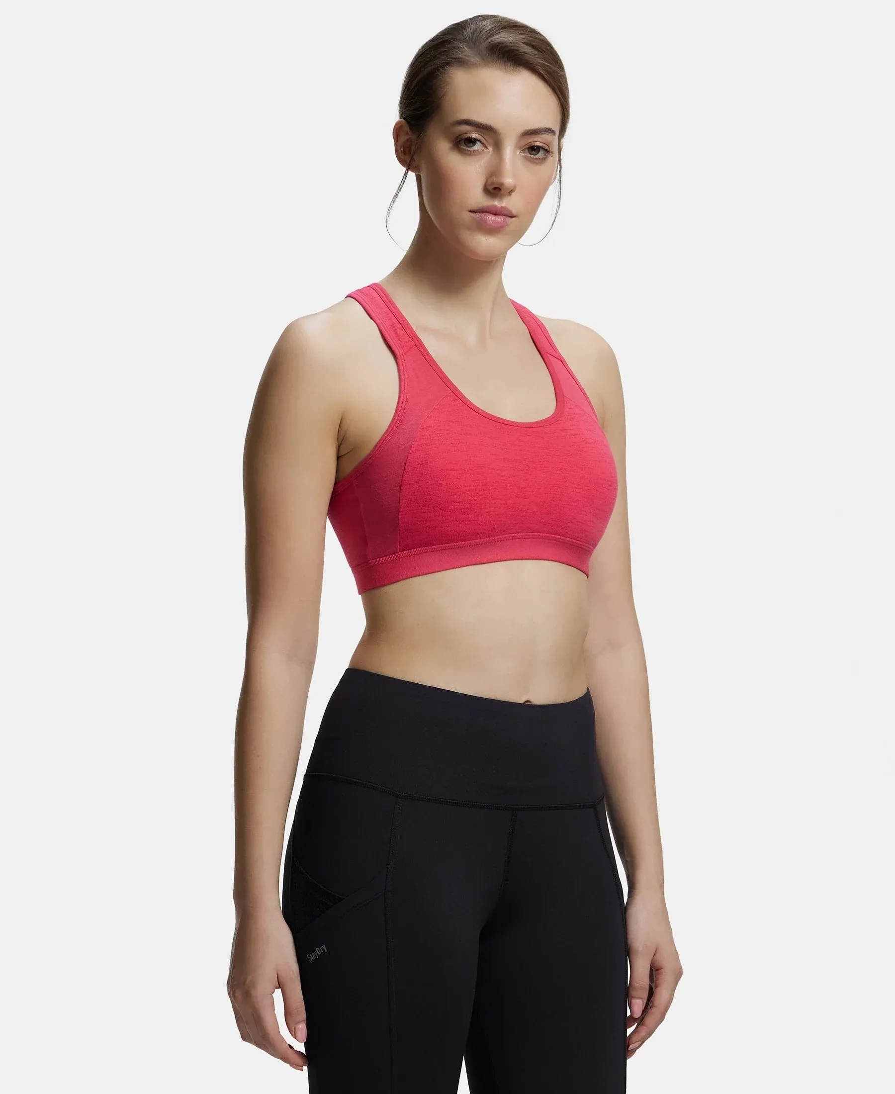 Wirefree Padded Super Combed Cotton Elastane Stretch Full Coverage Racer Back Styling Active Bra with StayFresh and Moisture Move Treatment - Ruby Assorted Printed