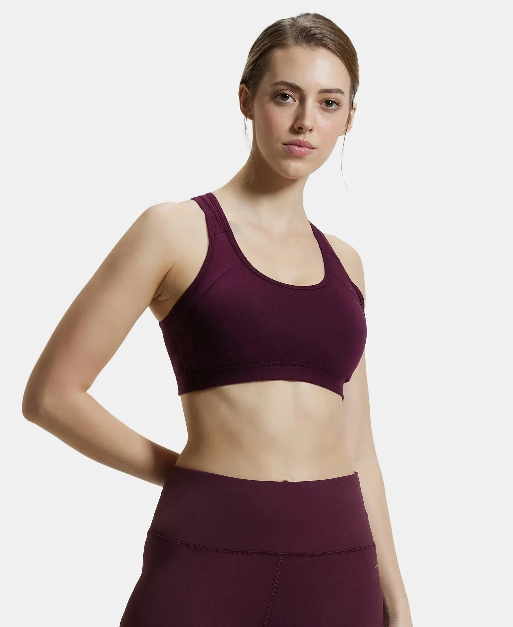 Wirefree Padded Super Combed Cotton Elastane Stretch Full Coverage Racer Back Styling Active Bra with StayFresh and Moisture Move Treatment - Wine Tasting