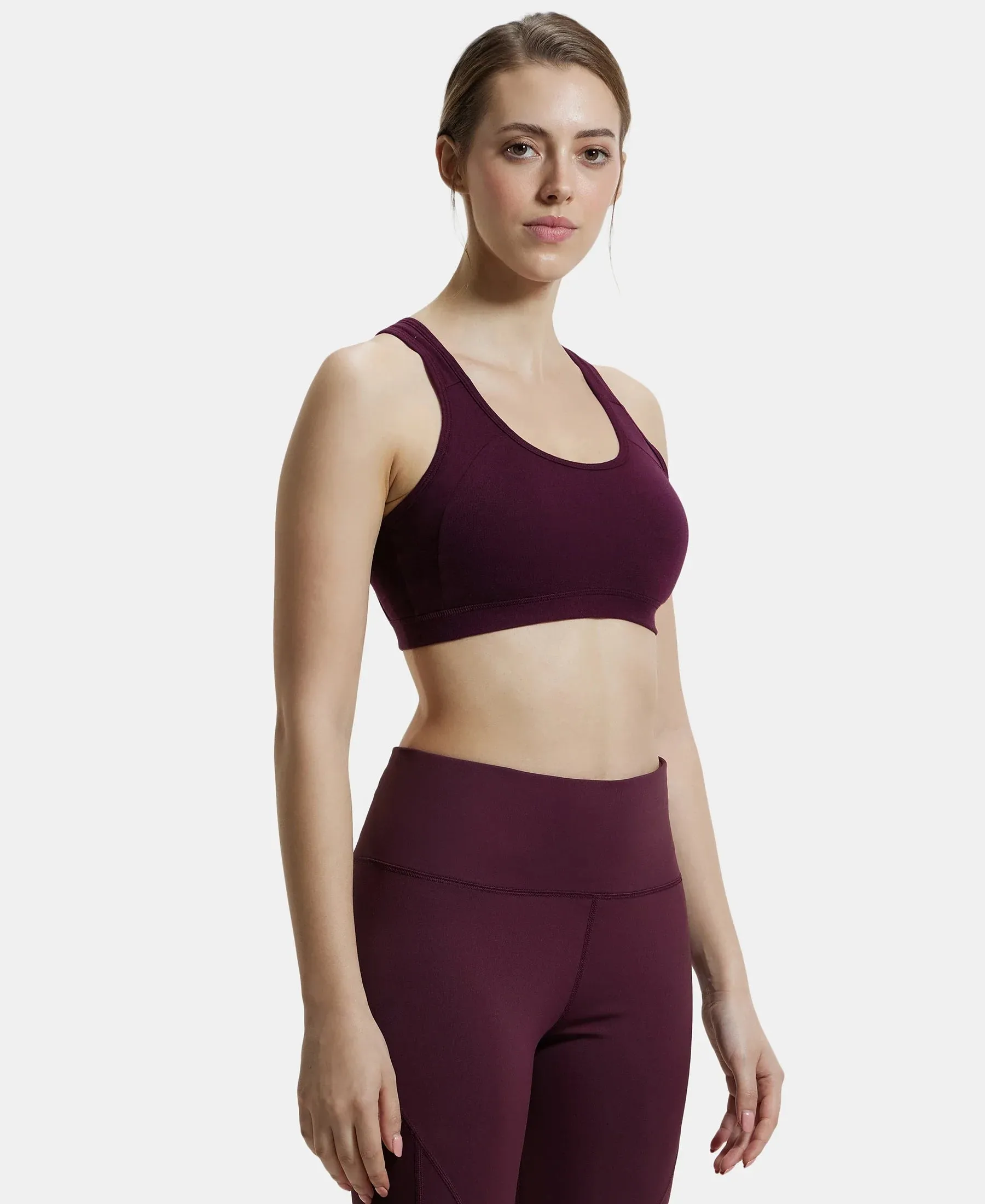 Wirefree Padded Super Combed Cotton Elastane Stretch Full Coverage Racer Back Styling Active Bra with StayFresh and Moisture Move Treatment - Wine Tasting