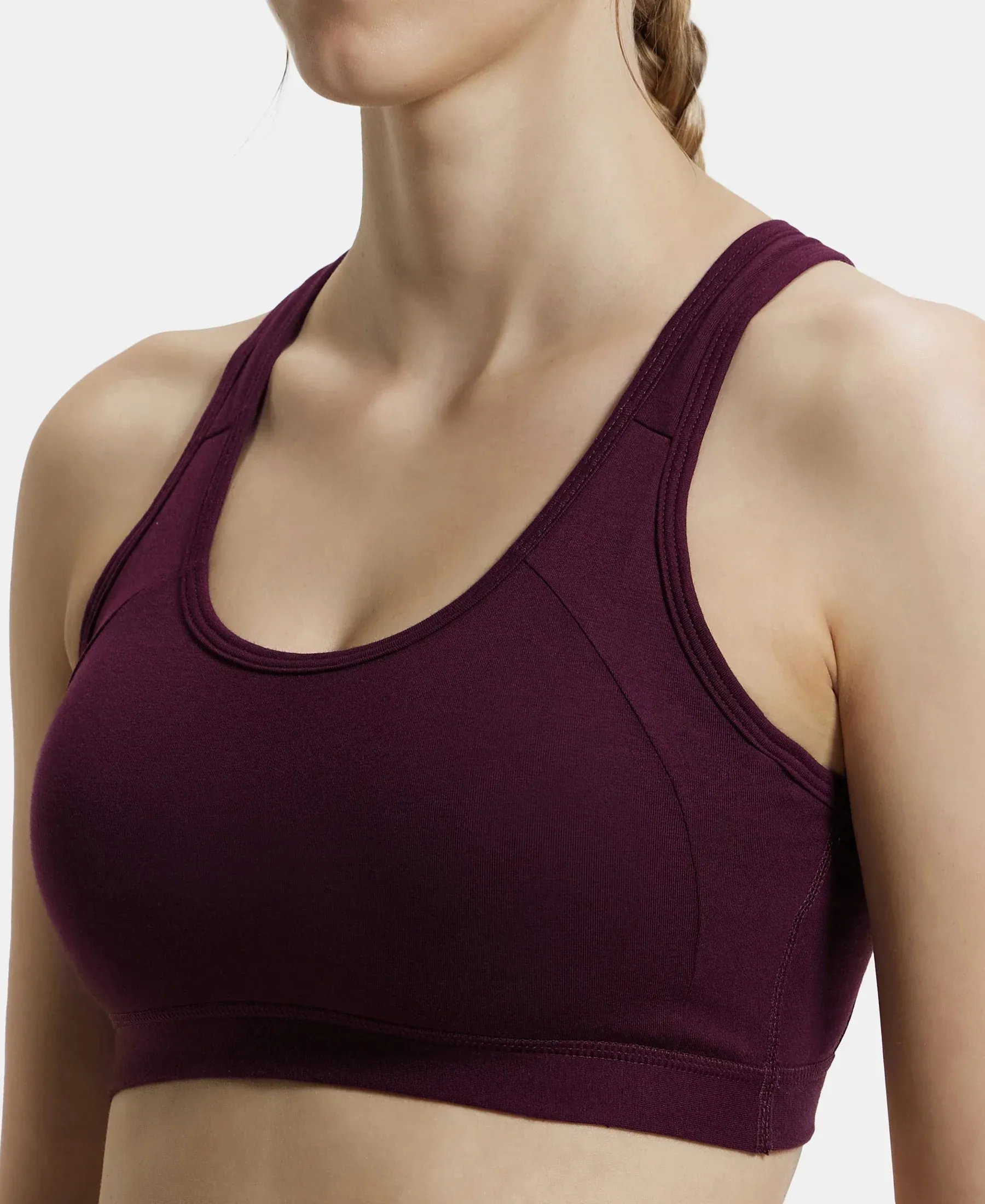 Wirefree Padded Super Combed Cotton Elastane Stretch Full Coverage Racer Back Styling Active Bra with StayFresh and Moisture Move Treatment - Wine Tasting