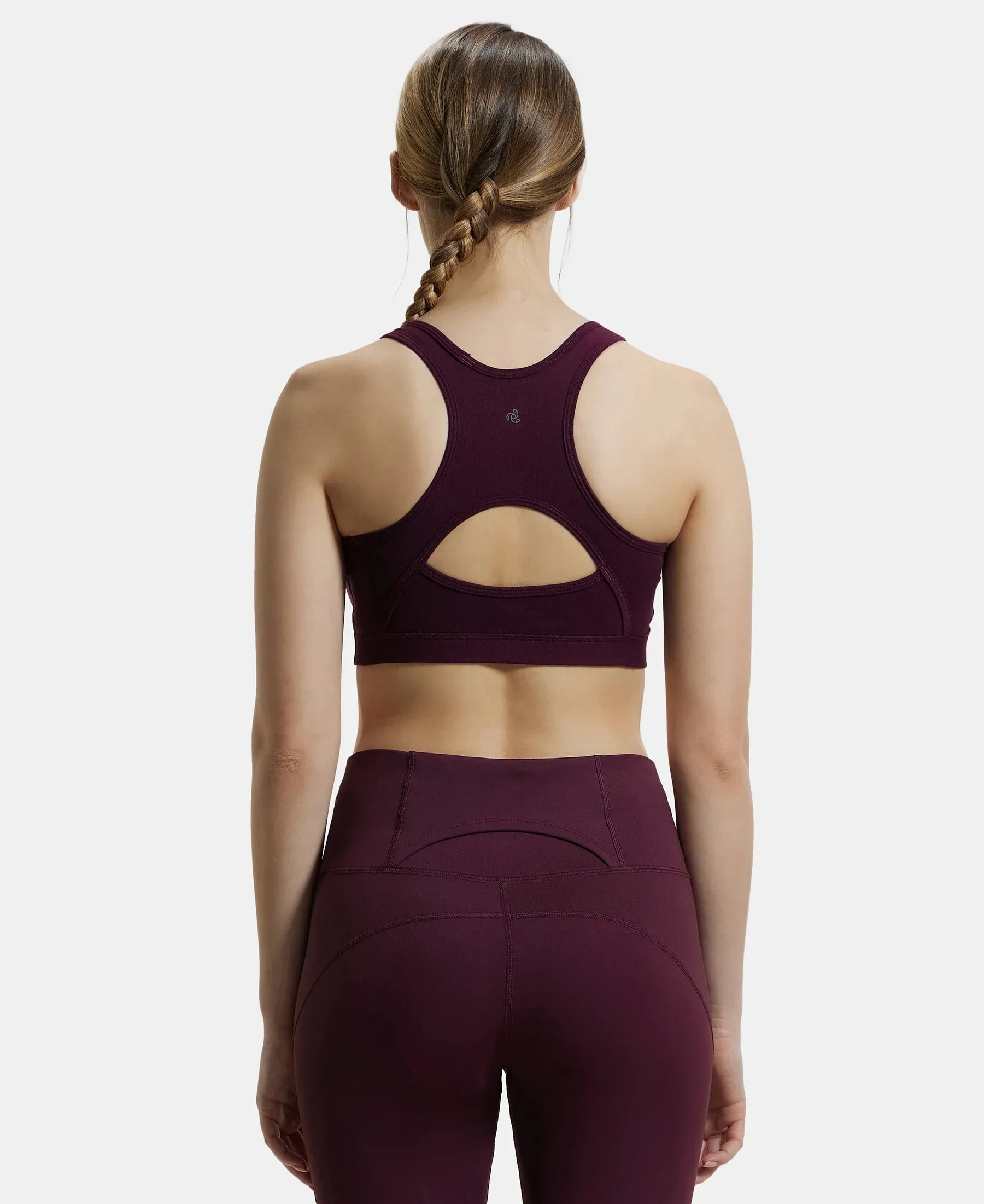 Wirefree Padded Super Combed Cotton Elastane Stretch Full Coverage Racer Back Styling Active Bra with StayFresh and Moisture Move Treatment - Wine Tasting