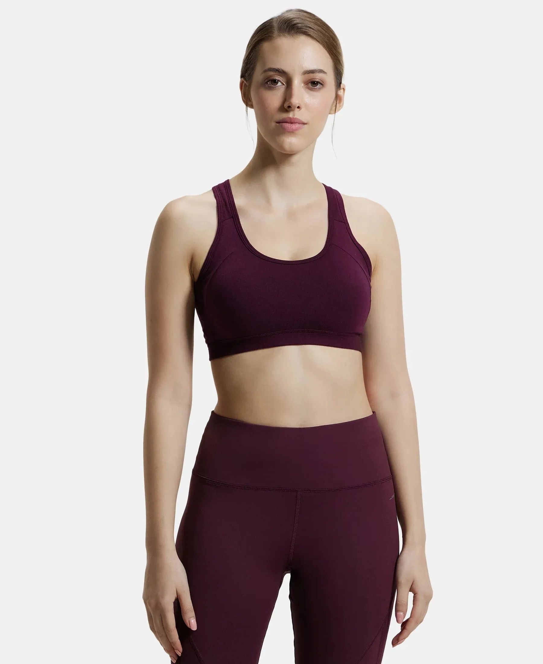 Wirefree Padded Super Combed Cotton Elastane Stretch Full Coverage Racer Back Styling Active Bra with StayFresh and Moisture Move Treatment - Wine Tasting
