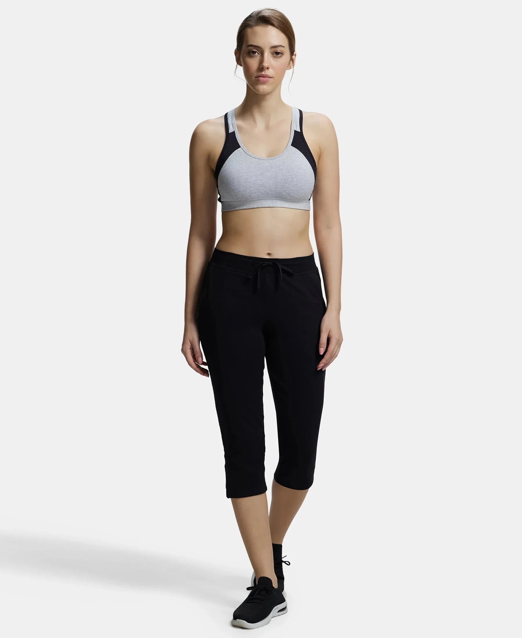 Wirefree Padded Super Combed Cotton Elastane Stretch Full Coverage Racerback Styling Active Bra with StayFresh and Moisture Move Treatment - Steel Grey & Black