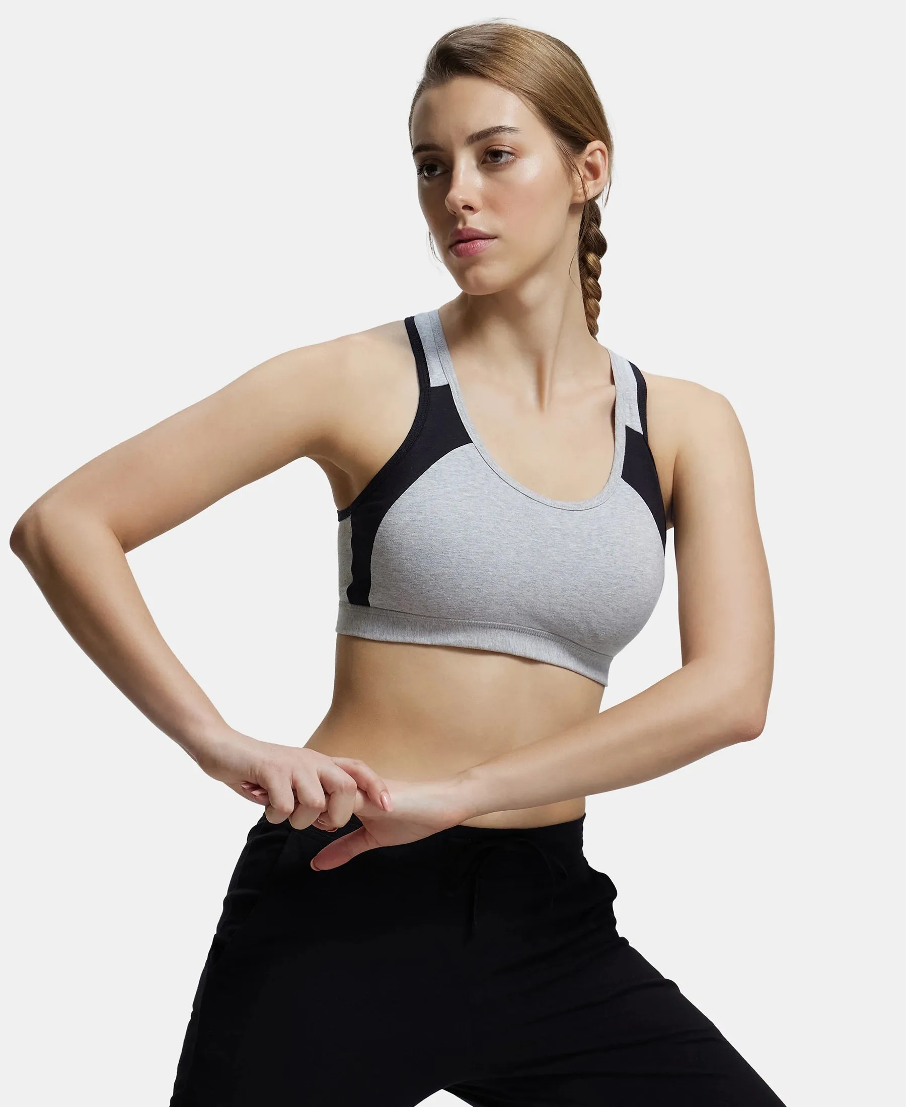 Wirefree Padded Super Combed Cotton Elastane Stretch Full Coverage Racerback Styling Active Bra with StayFresh and Moisture Move Treatment - Steel Grey & Black