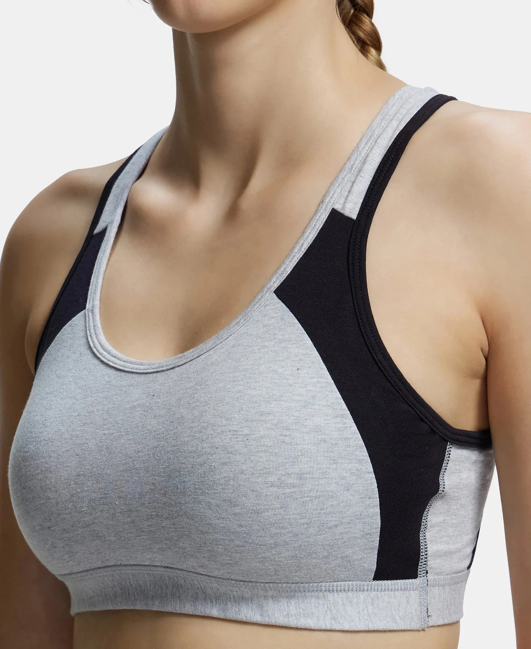 Wirefree Padded Super Combed Cotton Elastane Stretch Full Coverage Racerback Styling Active Bra with StayFresh and Moisture Move Treatment - Steel Grey & Black