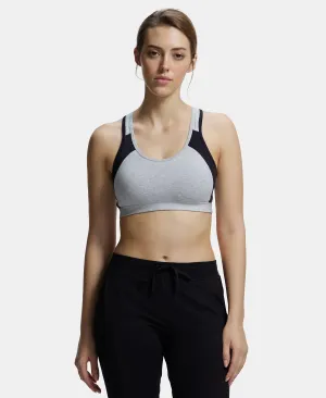 Wirefree Padded Super Combed Cotton Elastane Stretch Full Coverage Racerback Styling Active Bra with StayFresh and Moisture Move Treatment - Steel Grey & Black