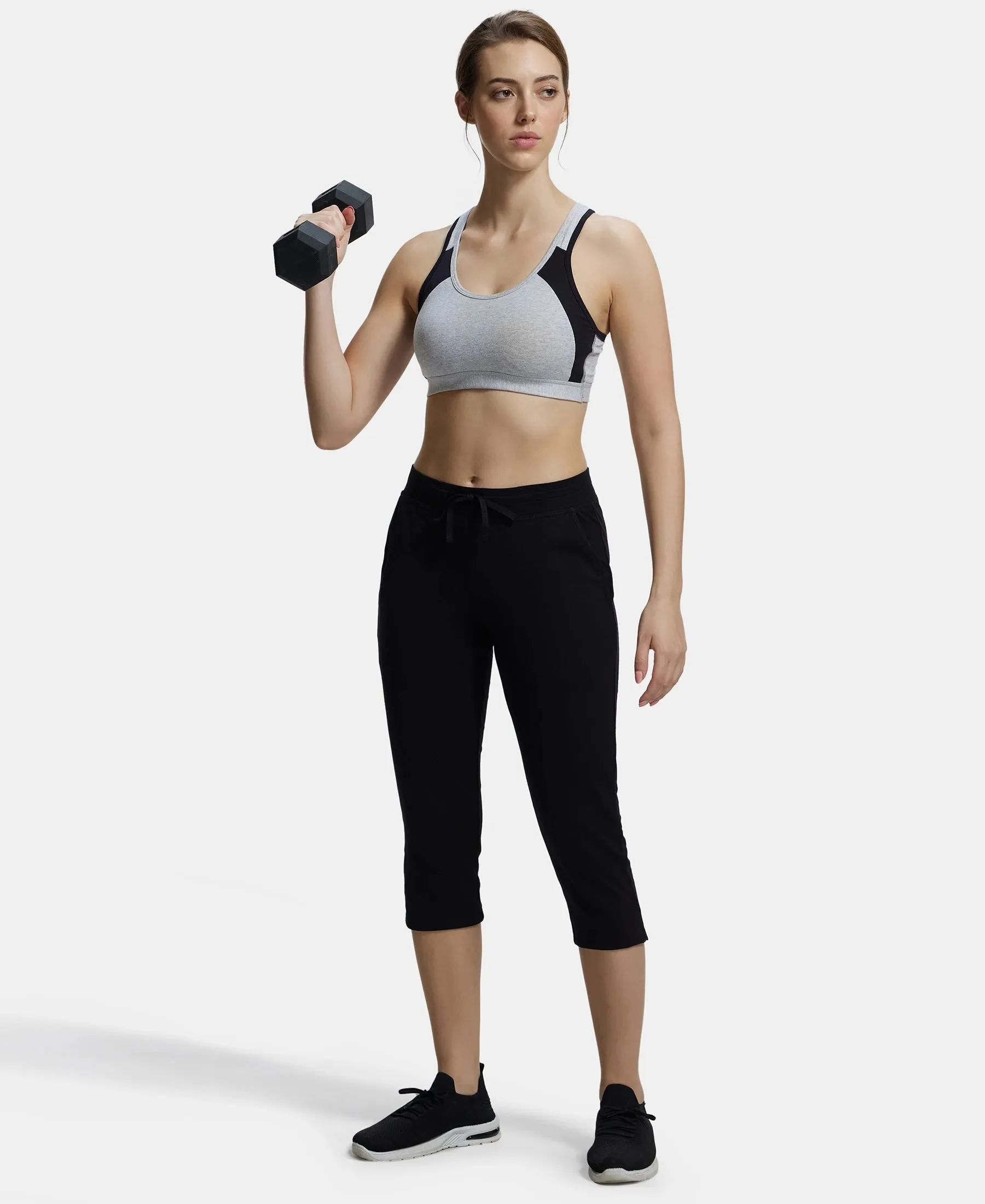 Wirefree Padded Super Combed Cotton Elastane Stretch Full Coverage Racerback Styling Active Bra with StayFresh and Moisture Move Treatment - Steel Grey & Black