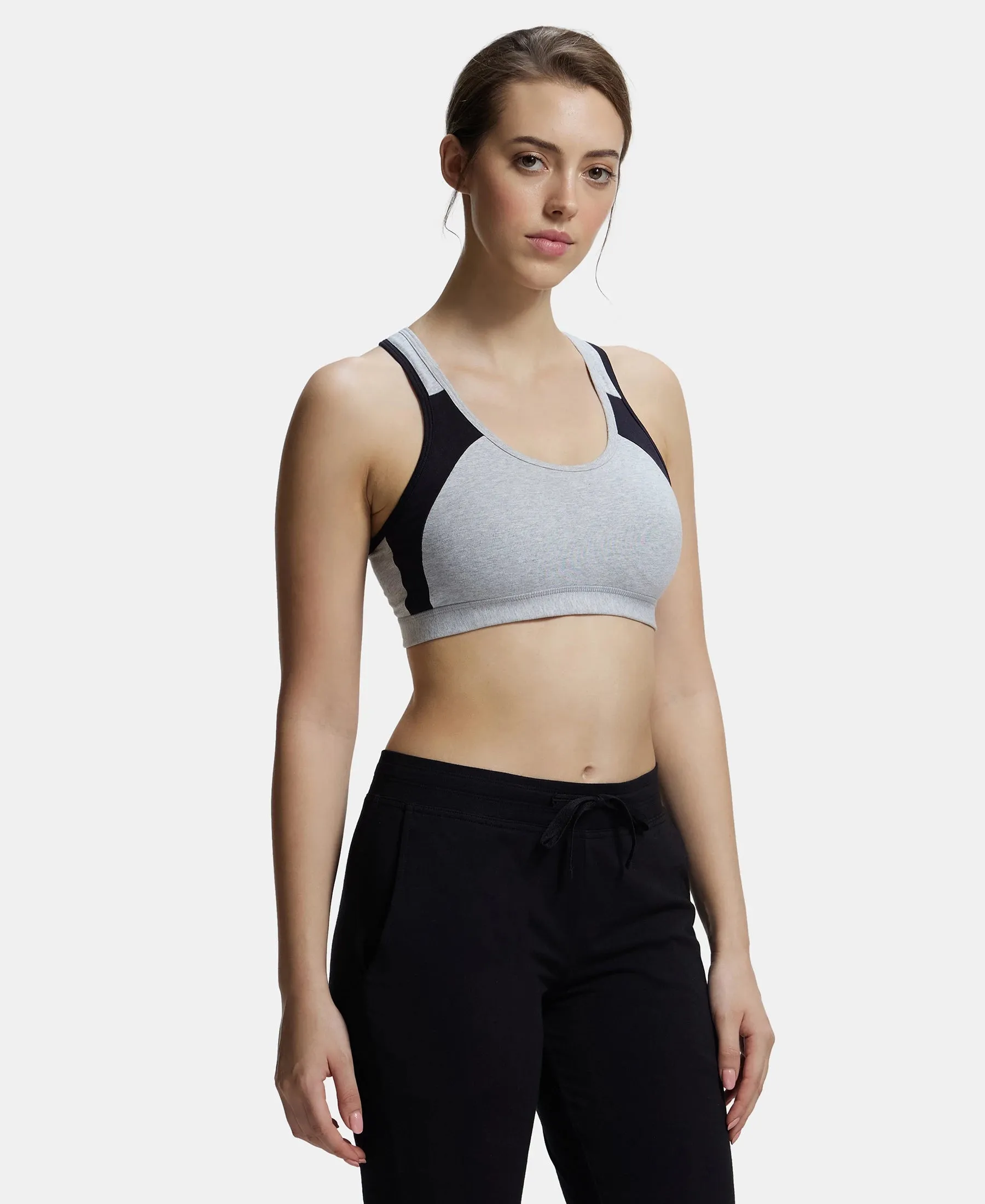 Wirefree Padded Super Combed Cotton Elastane Stretch Full Coverage Racerback Styling Active Bra with StayFresh and Moisture Move Treatment - Steel Grey & Black