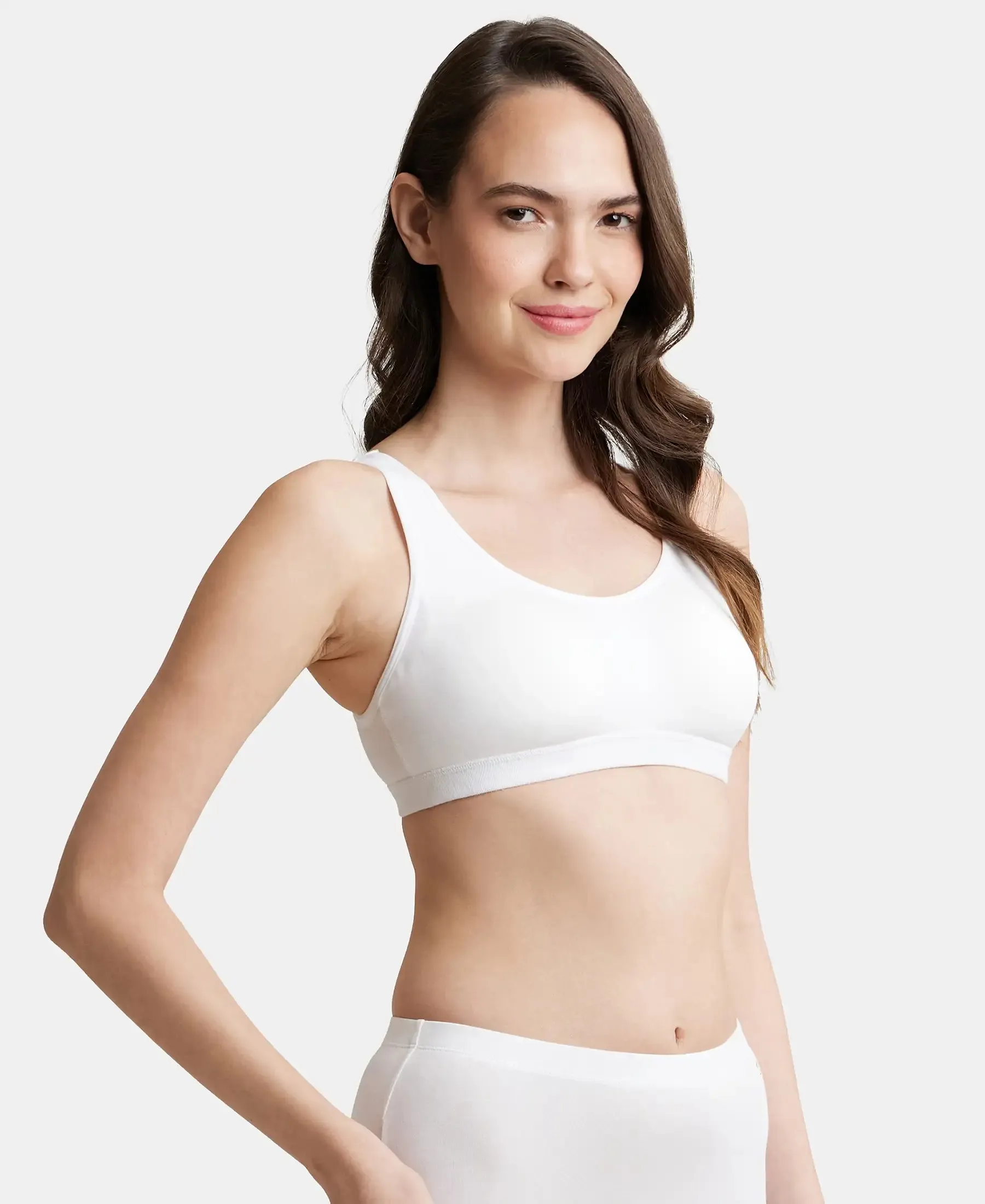 Wirefree Padded Super Combed Cotton Elastane Stretch Full Coverage Slip-On Uniform Bra with Concealed Underband - White