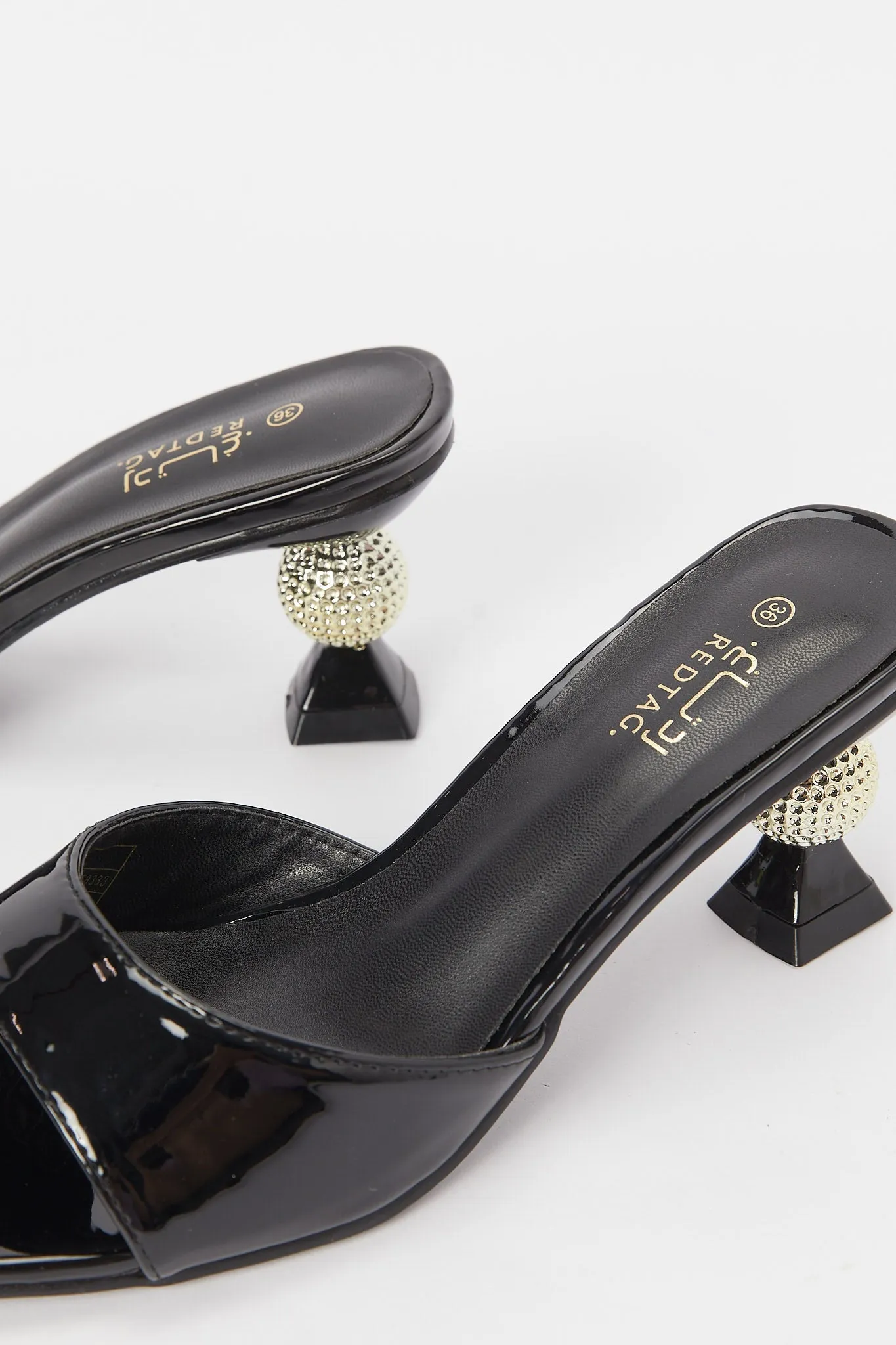 Women Black Patent Mule With Gold Heel