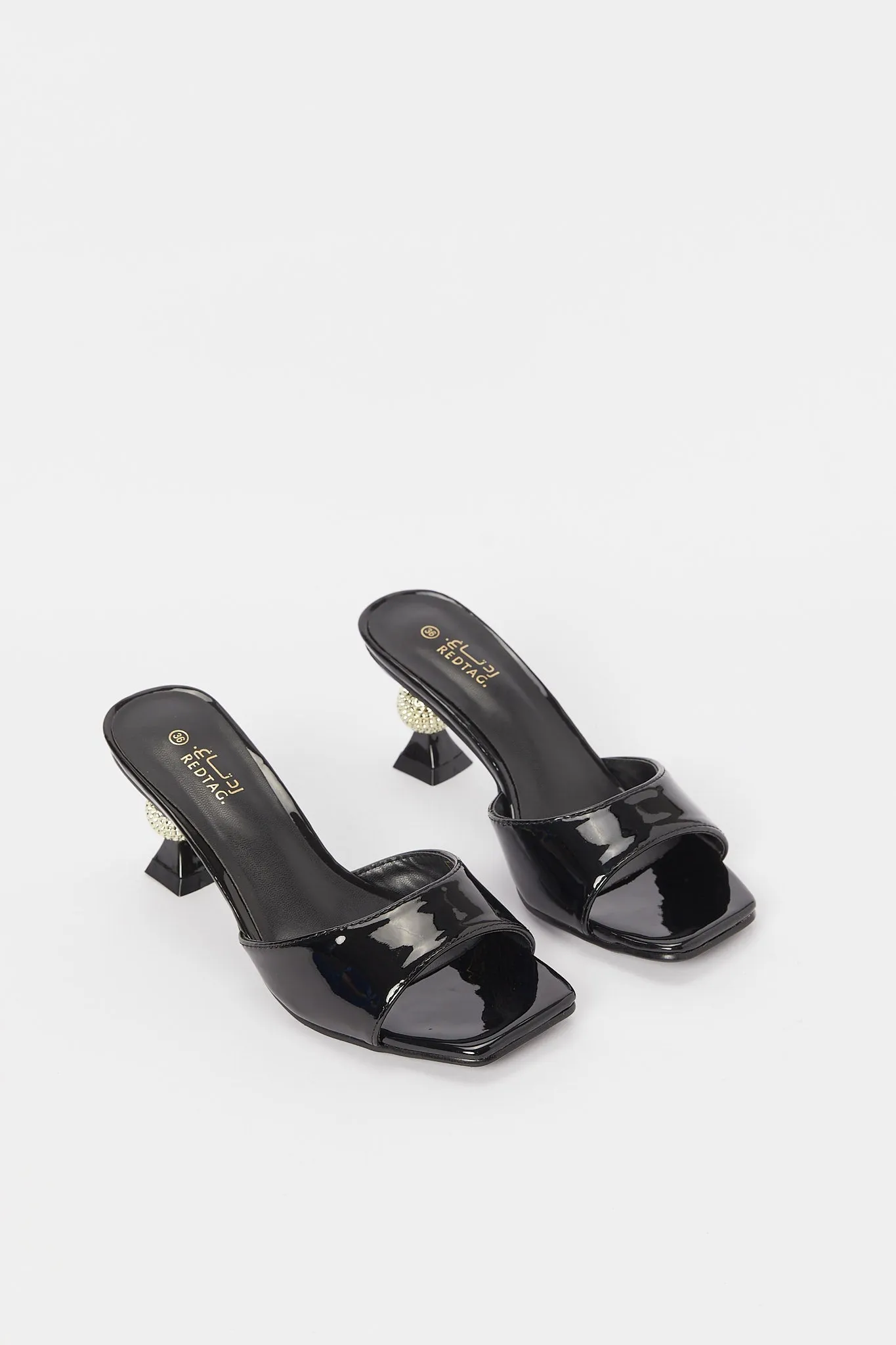 Women Black Patent Mule With Gold Heel