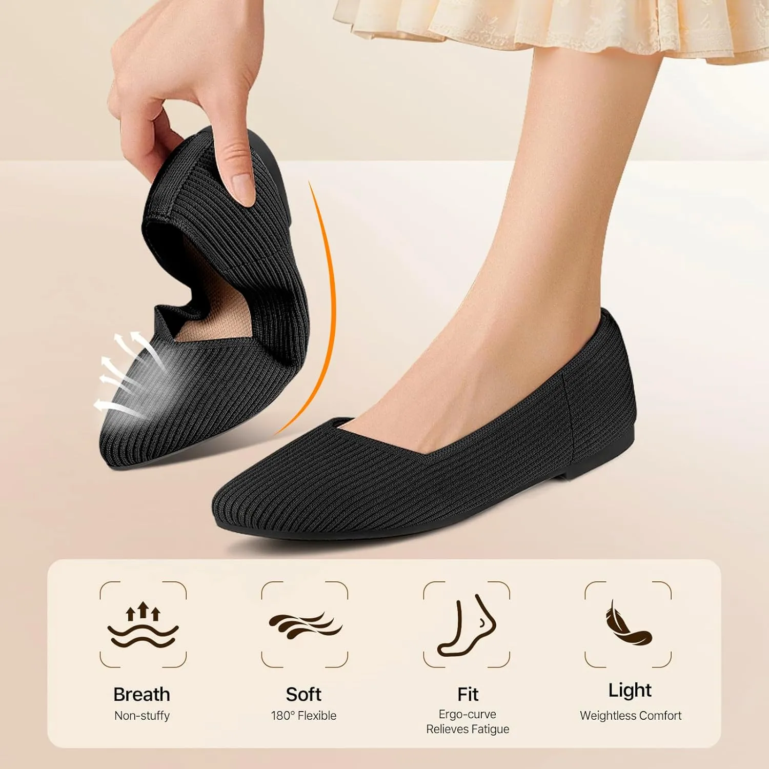 Women Flats Non-Slip Shoes Pointed Toe Knit Ballet Softable Casual Shoes Work Flats Comfortable Dressy for Woman