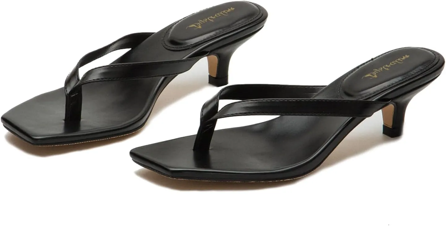 Women Flip-Flops Mules Kitten Heels Square Toe Thong Sandals Matte Comfy 1 inch Low Heel Slippers T-Straps Open Toe Outdoor Beach Summer Slip On Sandal Heels Basic Chic 4-11 M US