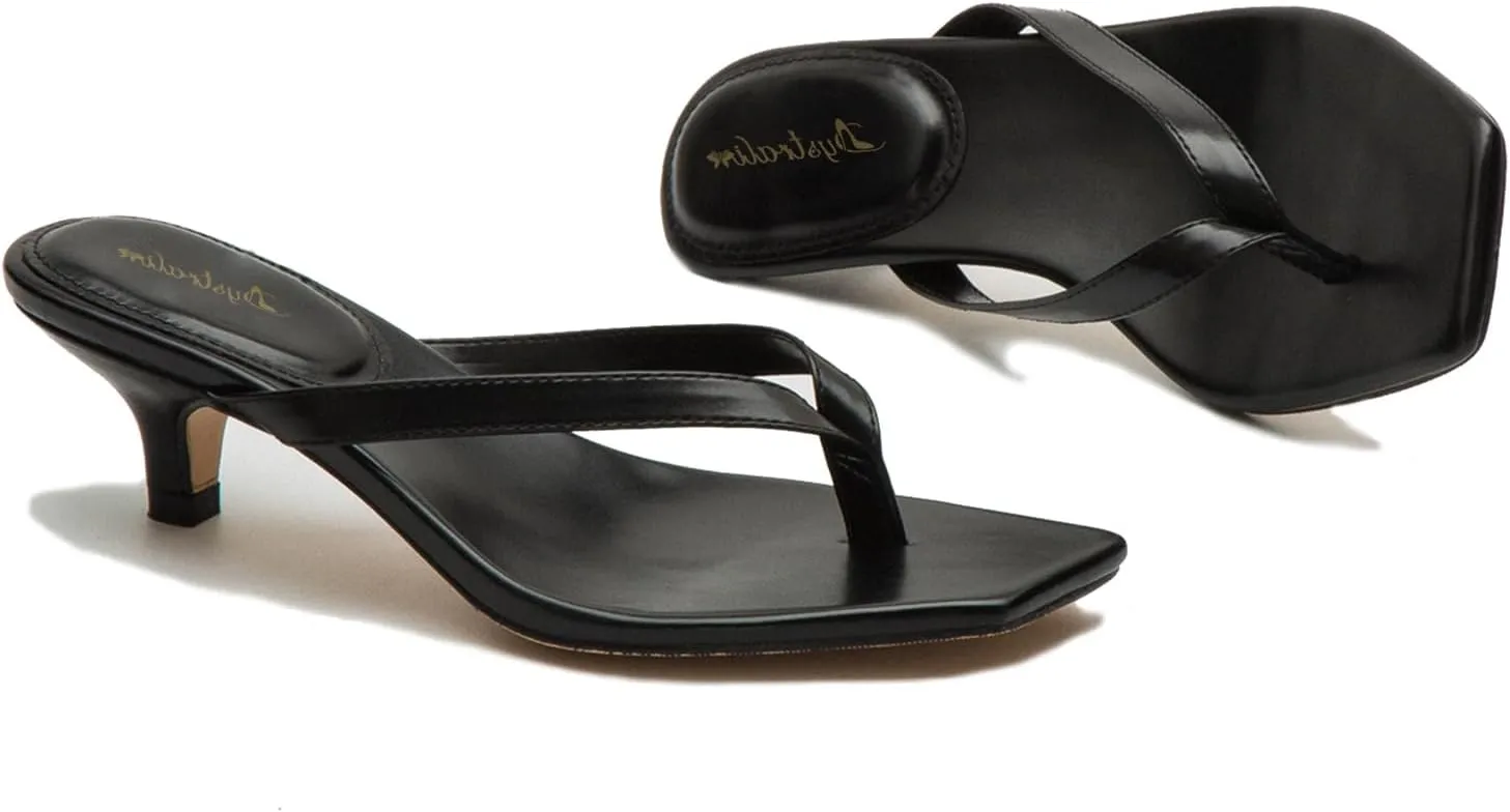 Women Flip-Flops Mules Kitten Heels Square Toe Thong Sandals Matte Comfy 1 inch Low Heel Slippers T-Straps Open Toe Outdoor Beach Summer Slip On Sandal Heels Basic Chic 4-11 M US