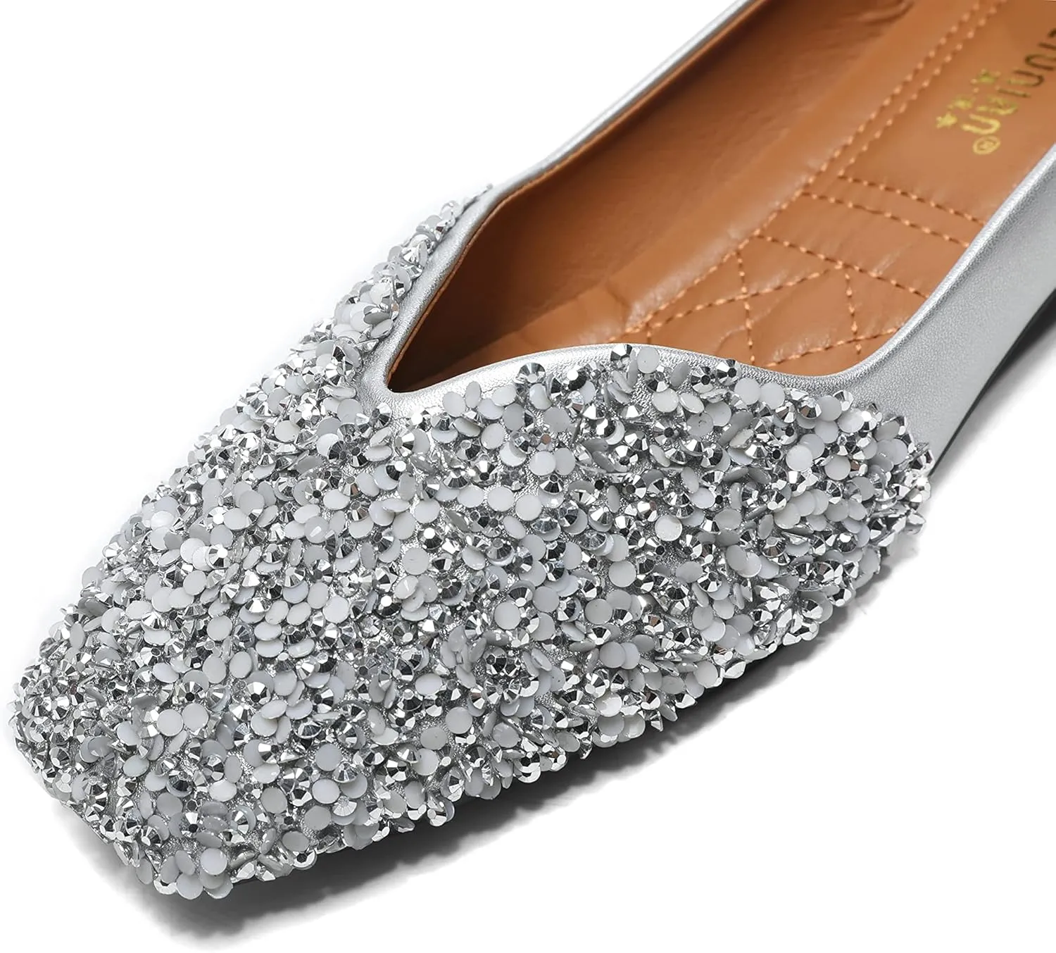 Women Rhinestone Flats Silver,Square Toe Bling Glitter Dressy Casual Bridal Wedding Sparkly Comfortable Shoe