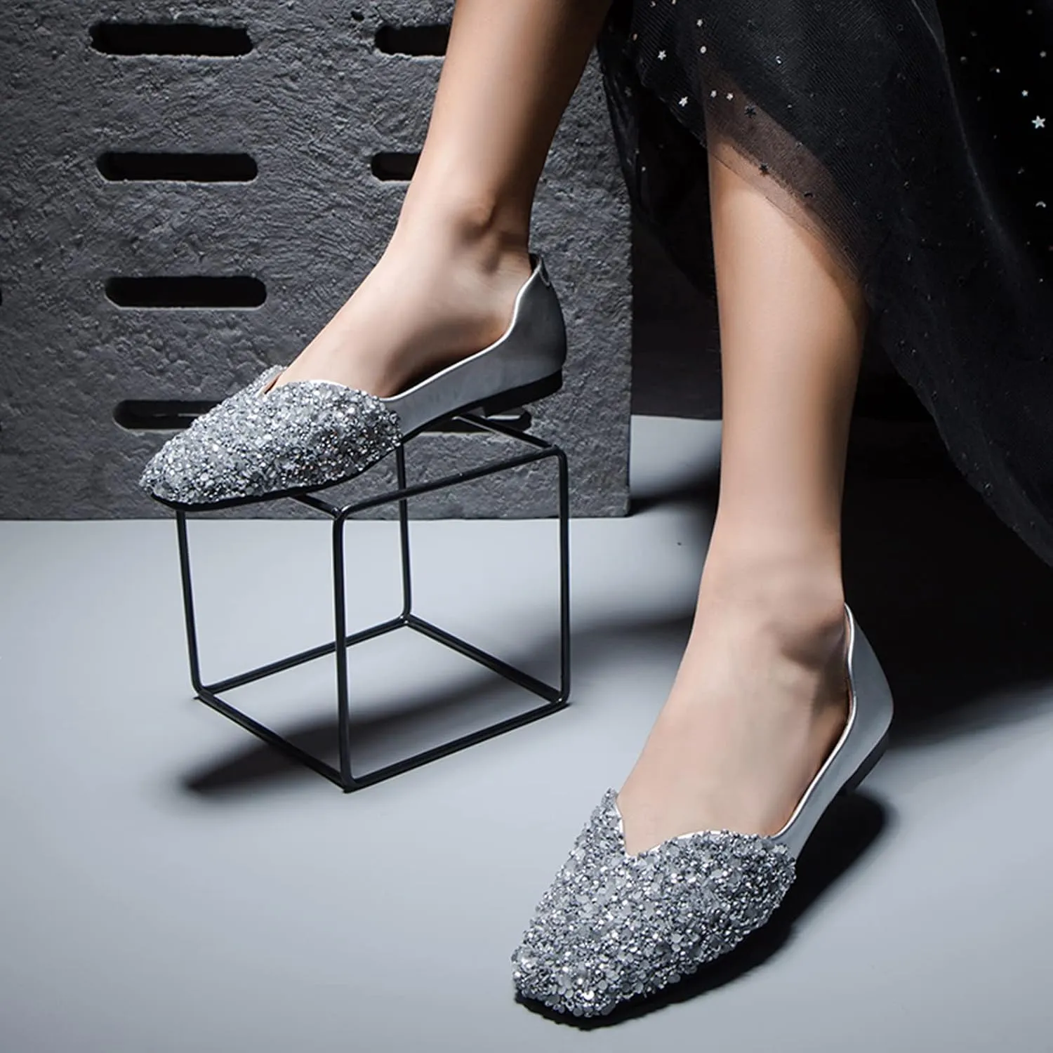 Women Rhinestone Flats Silver,Square Toe Bling Glitter Dressy Casual Bridal Wedding Sparkly Comfortable Shoe
