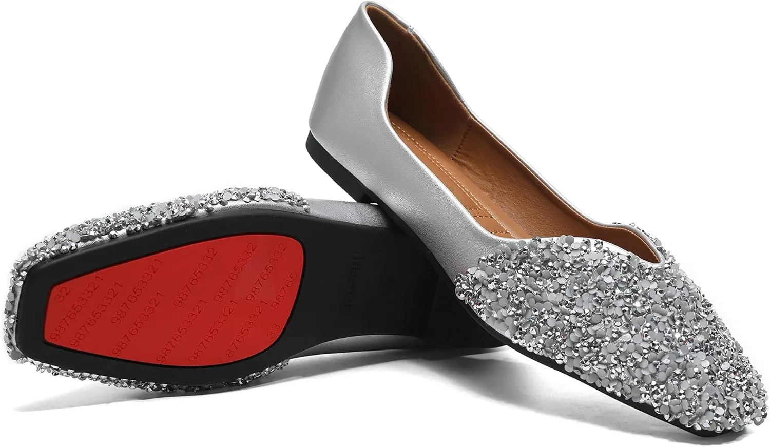Women Rhinestone Flats Silver,Square Toe Bling Glitter Dressy Casual Bridal Wedding Sparkly Comfortable Shoe