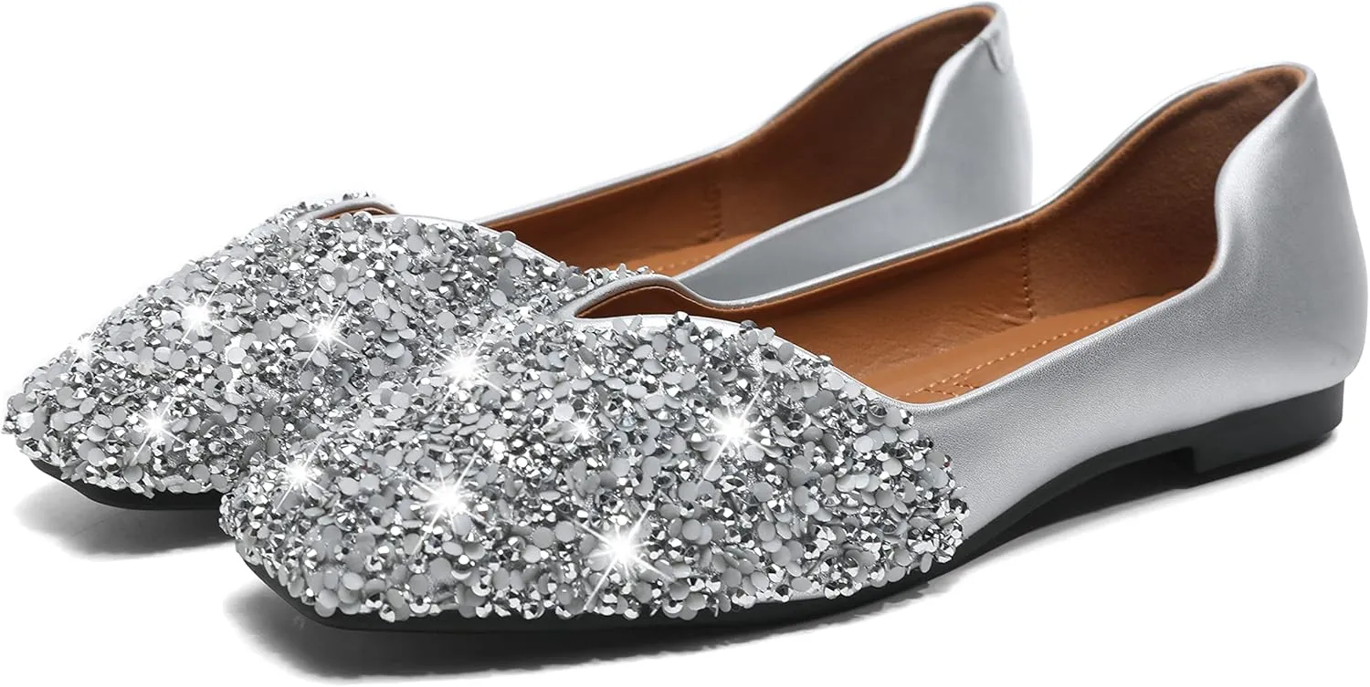 Women Rhinestone Flats Silver,Square Toe Bling Glitter Dressy Casual Bridal Wedding Sparkly Comfortable Shoe