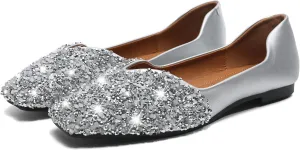 Women Rhinestone Flats Silver,Square Toe Bling Glitter Dressy Casual Bridal Wedding Sparkly Comfortable Shoe
