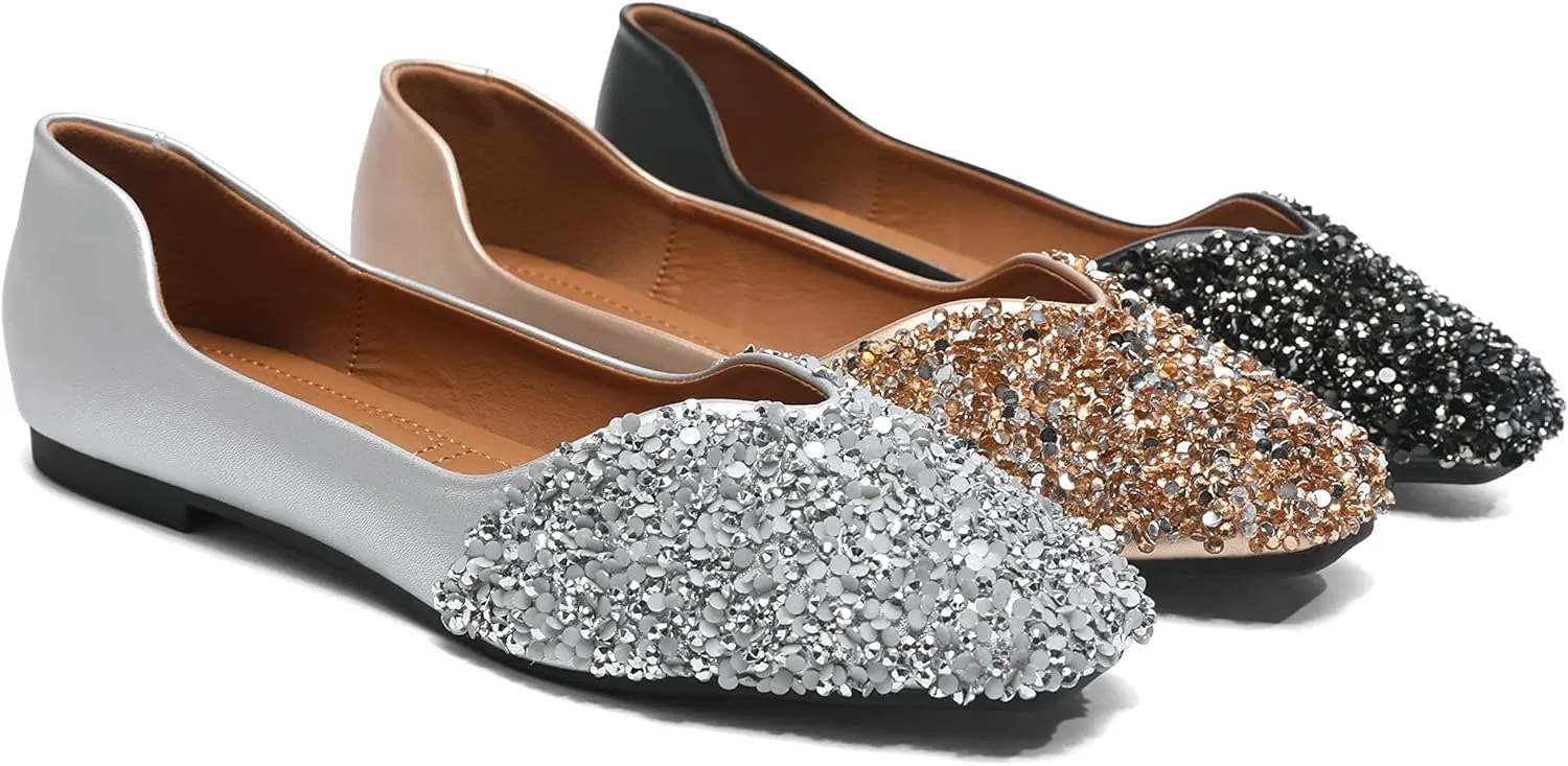 Women Rhinestone Flats Silver,Square Toe Bling Glitter Dressy Casual Bridal Wedding Sparkly Comfortable Shoe