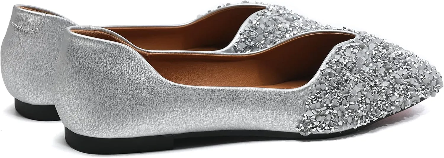 Women Rhinestone Flats Silver,Square Toe Bling Glitter Dressy Casual Bridal Wedding Sparkly Comfortable Shoe