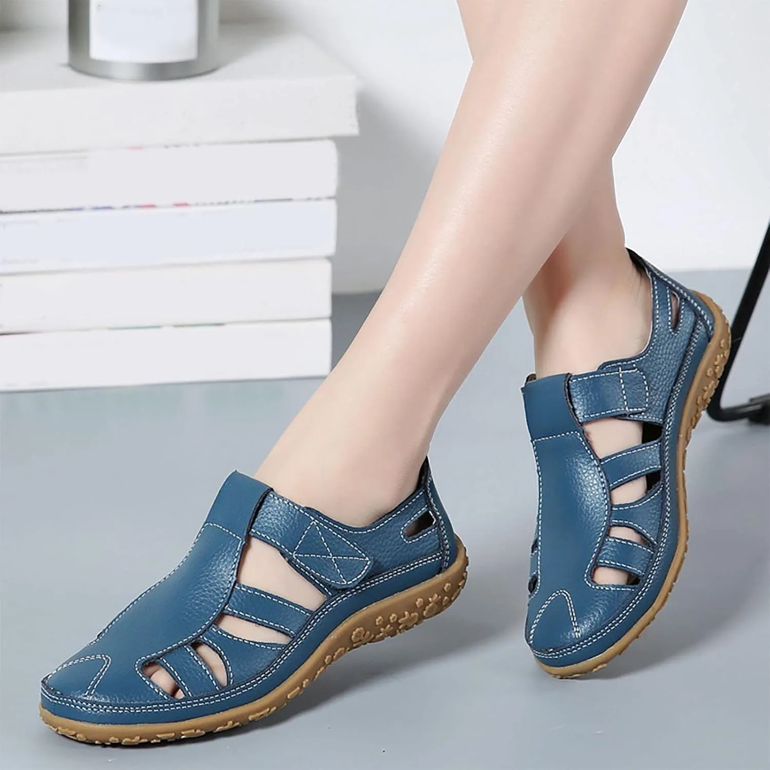 Women Summer Hollow Out Flat Sandals with Closed Toe Casual Slip-On Work Shoes Soft Dressy Footwear Sandal