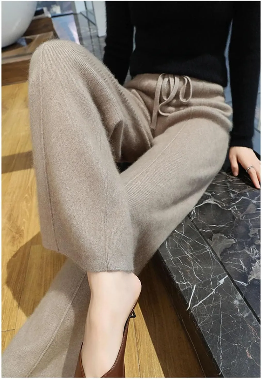 Women Wide Leg Split Wool Knitting Pants Classic Solid Lace Up Soft Warm Stripe Trousers