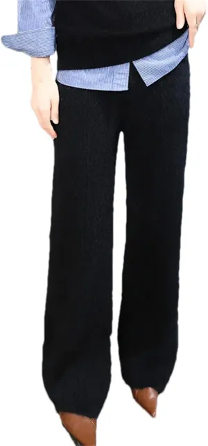 Women Wide Leg Split Wool Knitting Pants Classic Solid Lace Up Soft Warm Stripe Trousers