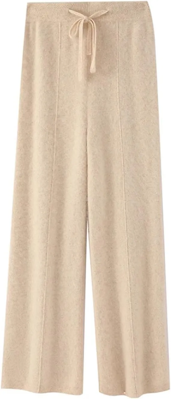 Women Wide Leg Split Wool Knitting Pants Classic Solid Lace Up Soft Warm Stripe Trousers