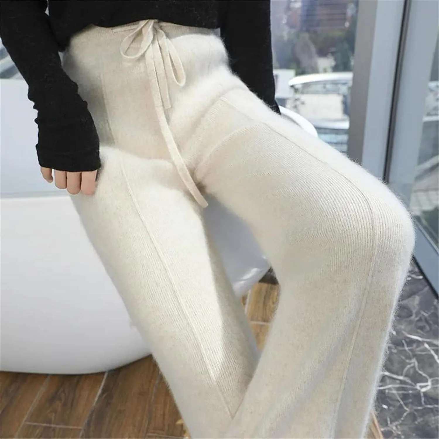 Women Wide Leg Split Wool Knitting Pants Classic Solid Lace Up Soft Warm Stripe Trousers